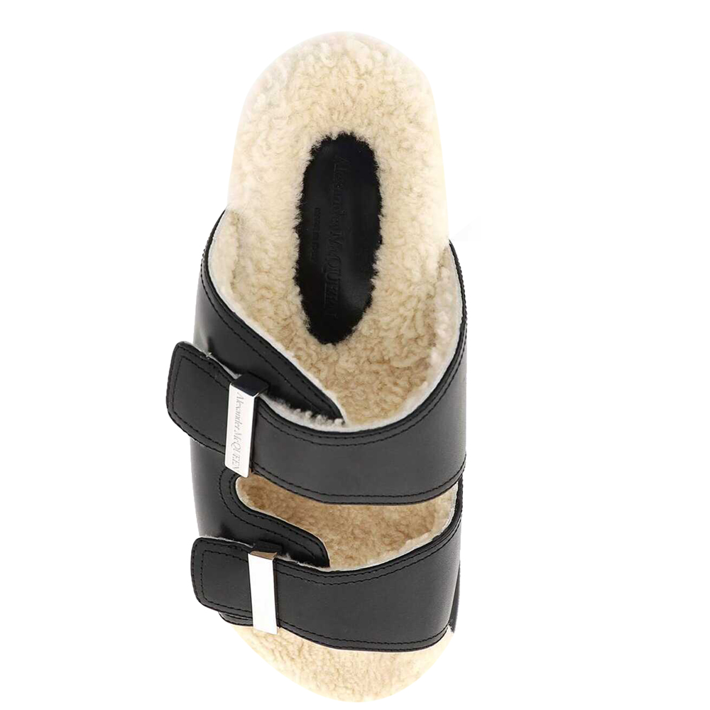 

Alexander McQueen Black Leather And Shearling Hybrid Slide Sandals Size IT