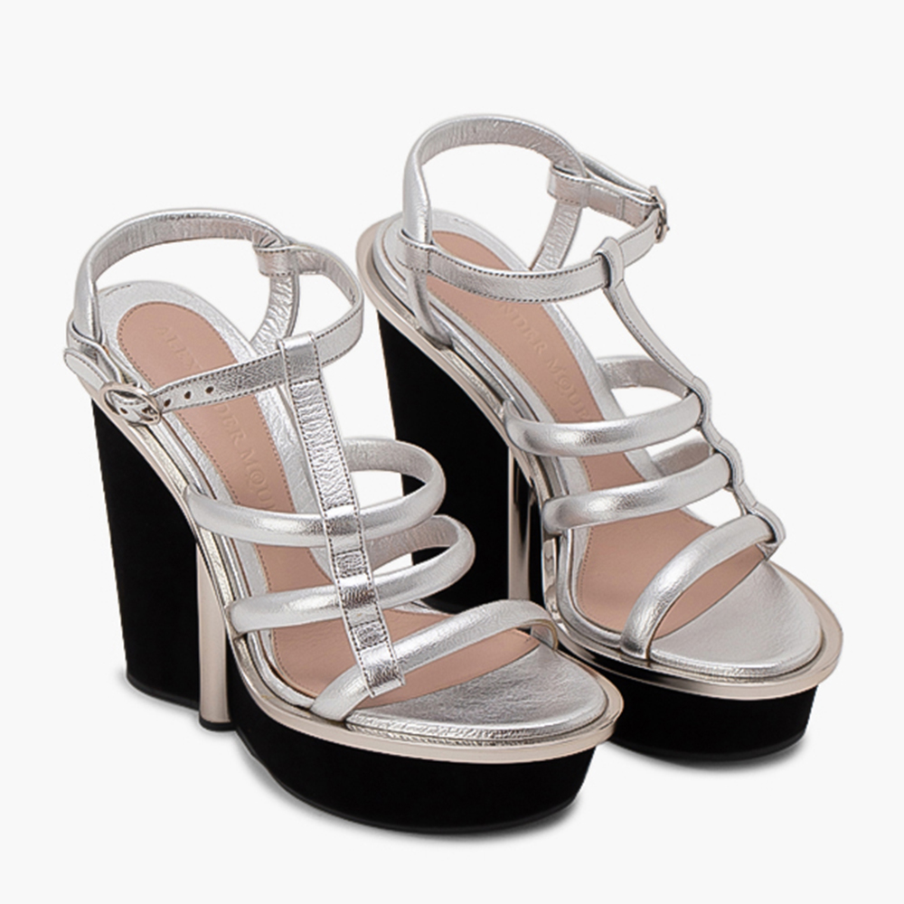 

Alexander McQueen Silver Leather Strappy Wedge Sandals Size EU