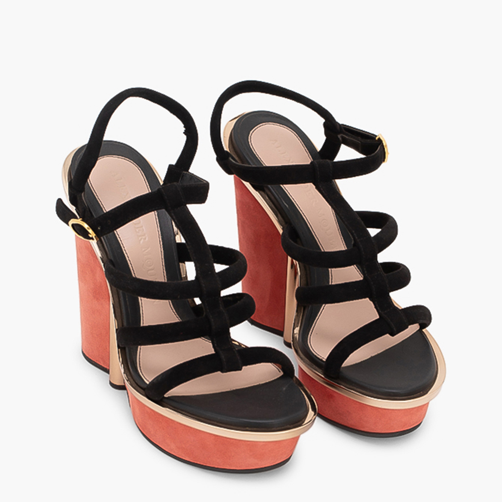 

Alexander McQueen Pink/Black Suede Strappy Wedge Sandals Size EU