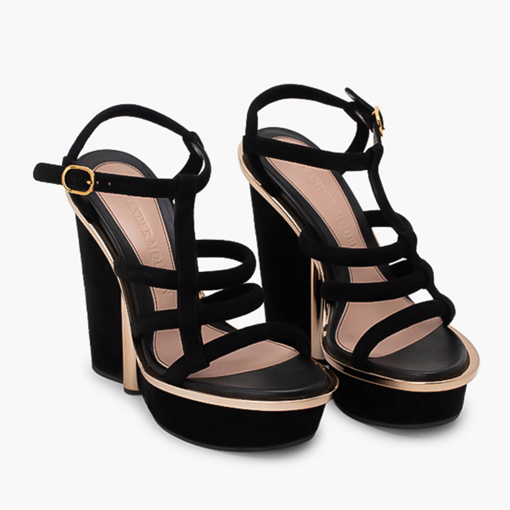 

Alexander McQueen Black Suede Strappy Wedge Sandals Size EU