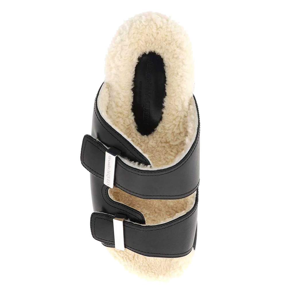 

Alexander McQueen Black Leather And Shearling Hybrid Slides Size IT