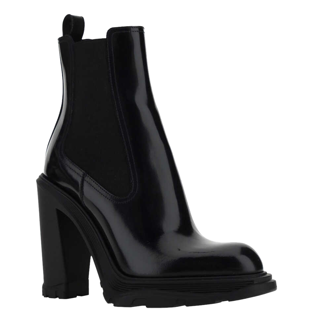 

Alexander McQueen Black Calf Leather Tread Heeled Chelsea Boots Size IT