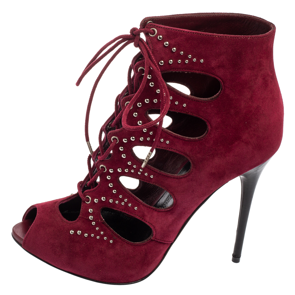 

Alexander McQueen Burgundy Cutout Suede Studded Lace Up Booties Size