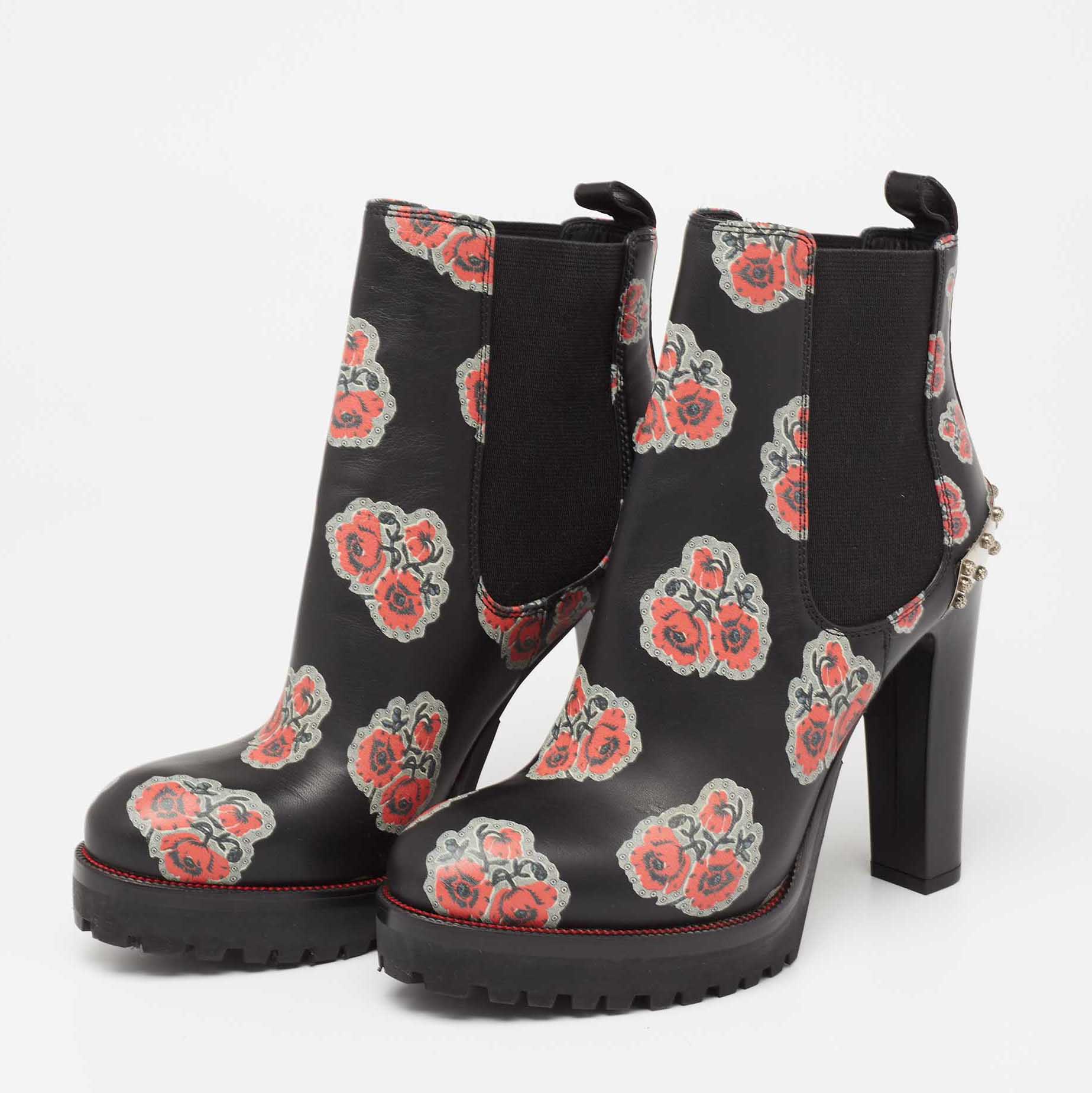 

Alexander McQueen Black Leather Poppy Flower Print Ankle Boots Size