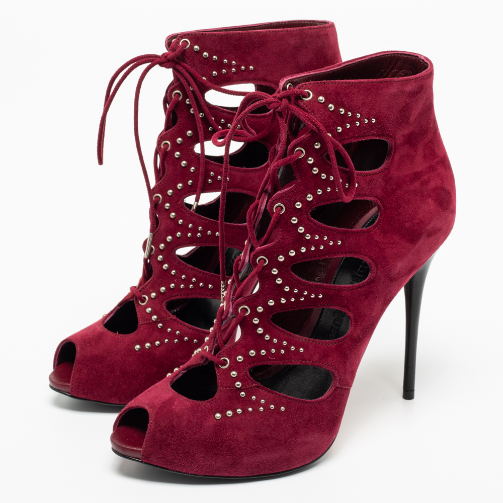 

Alexander McQueen Magenta Studded Suede Cut-Out Lace-Up Booties Size, Purple