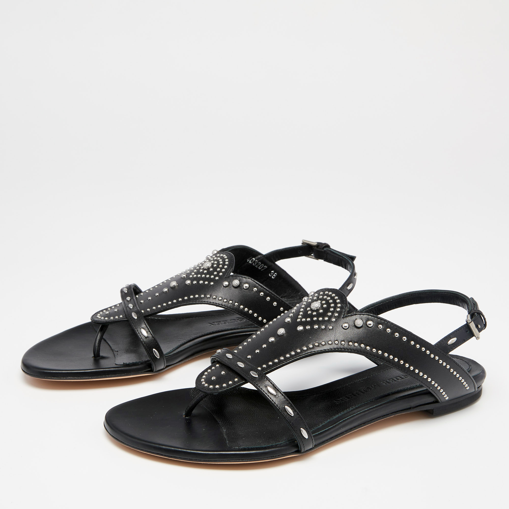 

Alexander McQueen Black Leather Studded Ankle Strap Flat Sandals Size