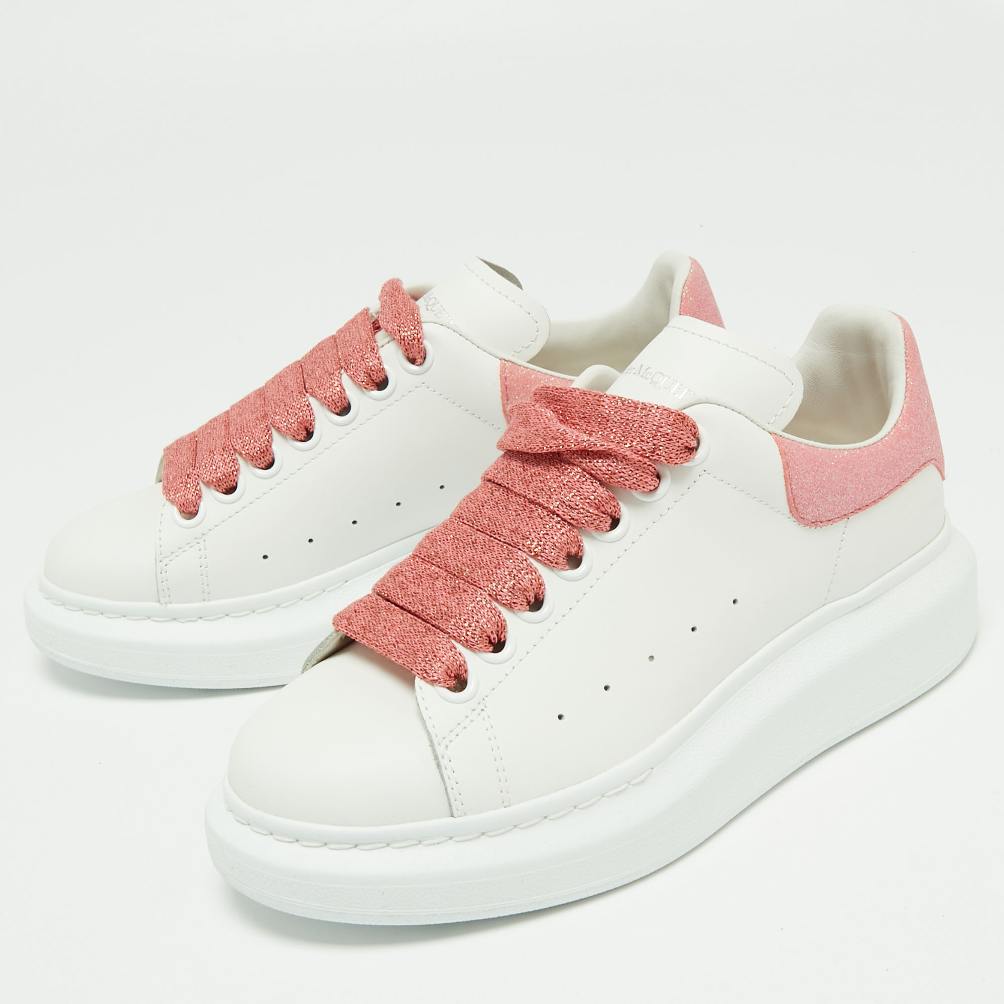 

Alexander McQueen White/Pink Leather and Glitter Runway Sneakers Size