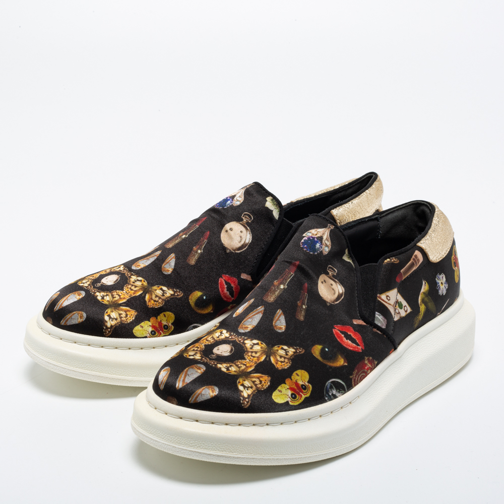 

Alexander McQueen Black Printed Satin Slip-On Sneakers Size