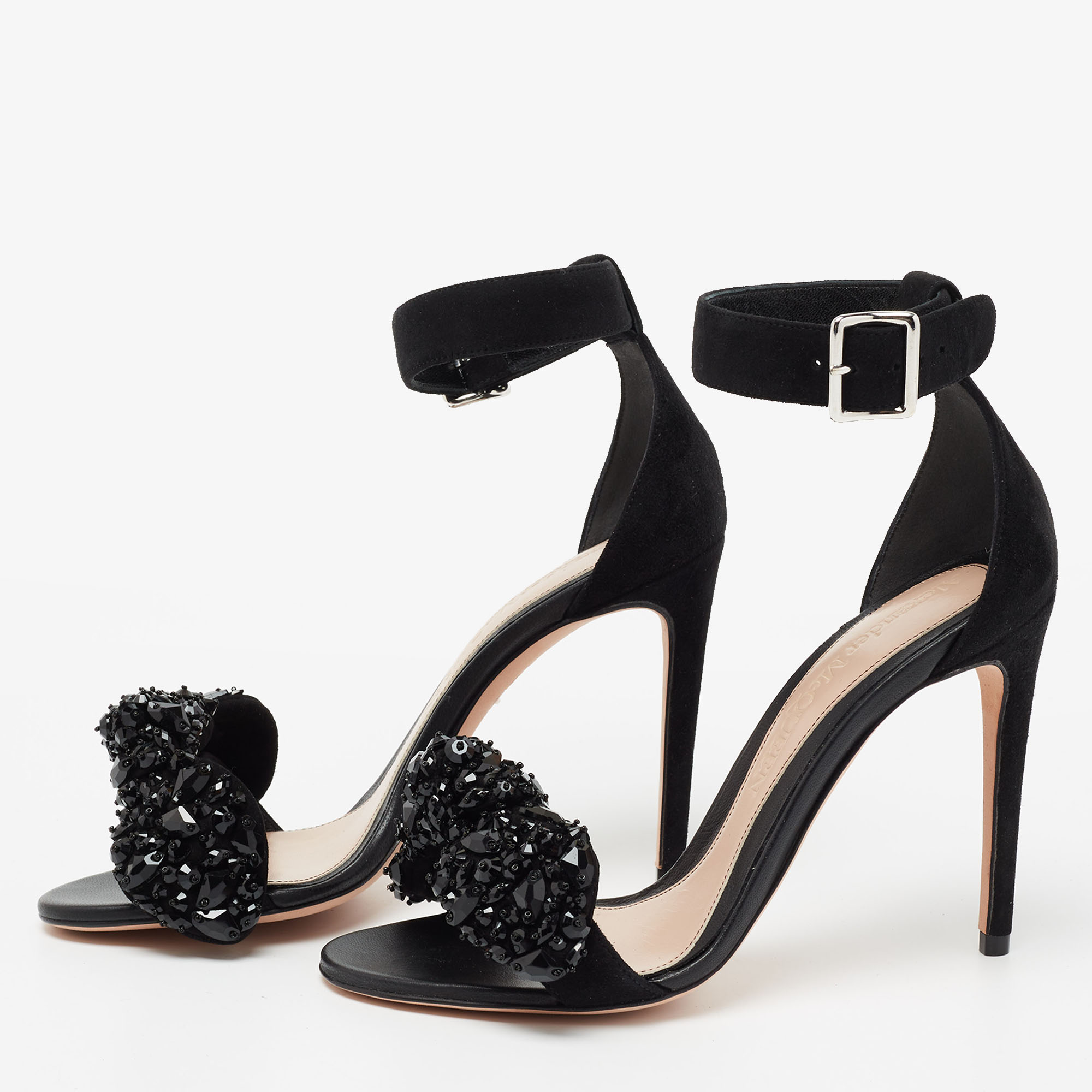 

Alexander McQueen Black Suede Embellished Jewel Bow Ankle Strap Sandals Size