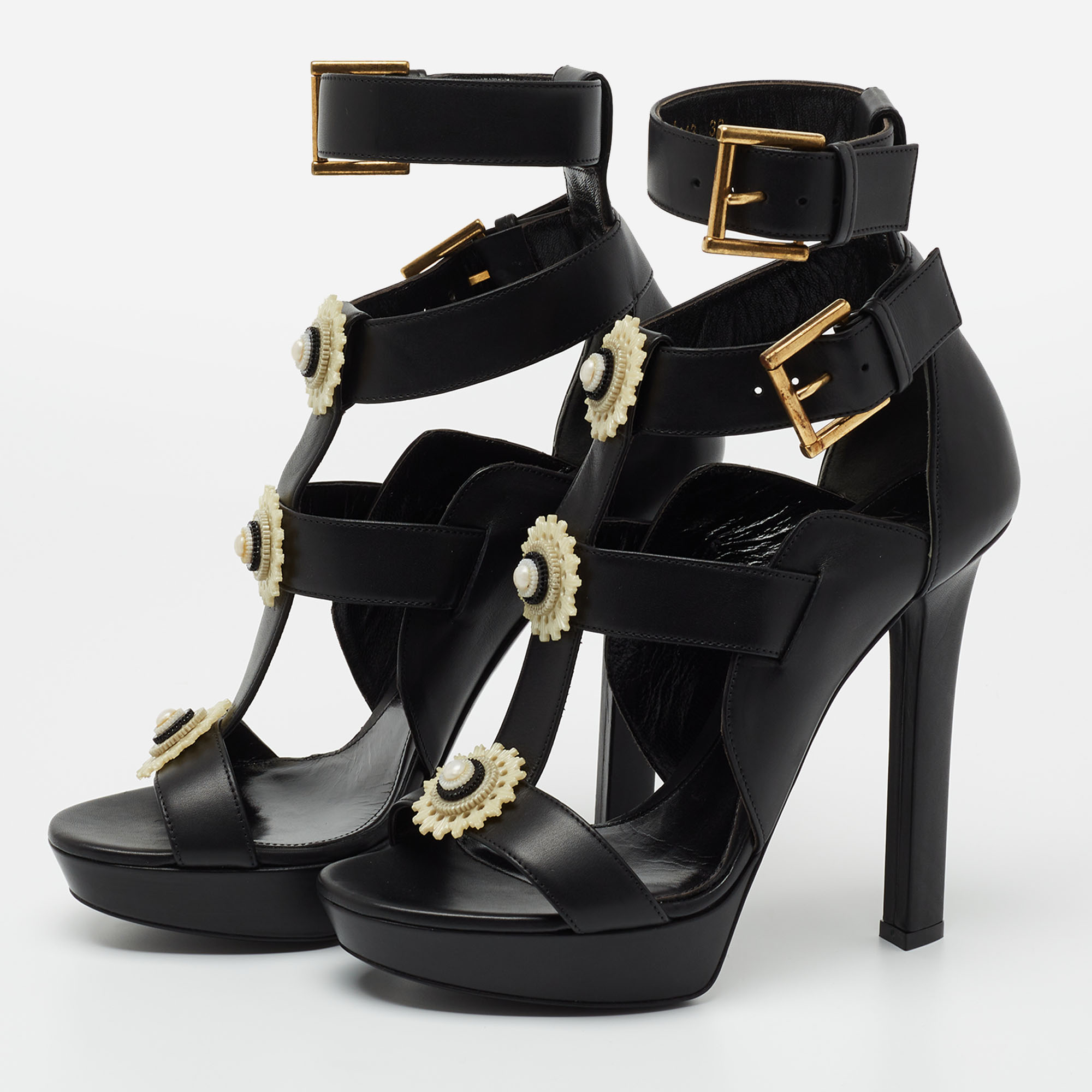 

Alexander McQueen Black Leather French Gloss Platform Strappy Sandals Size