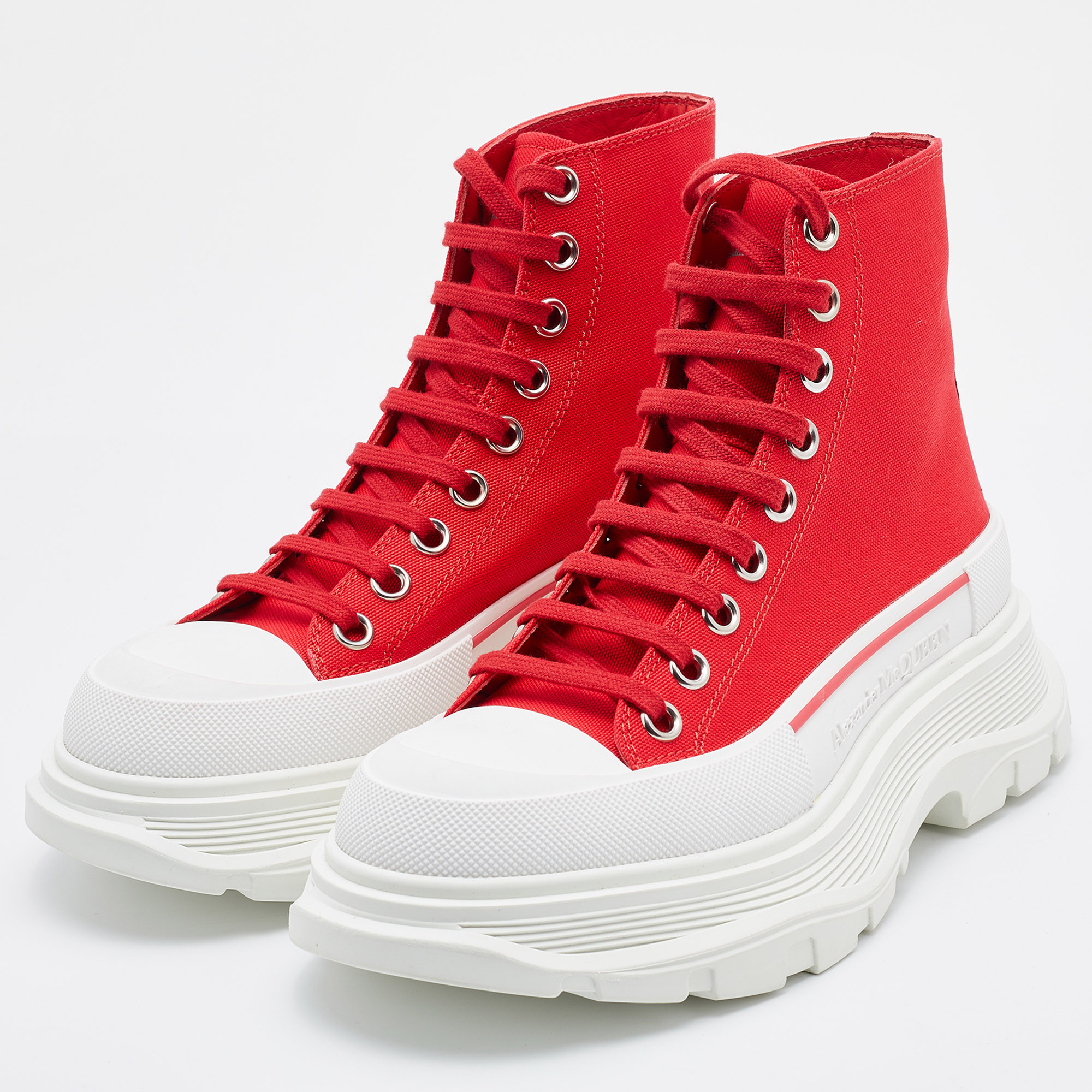 

Alexander McQueen Red Canvas Tread Slick High Top Sneakers Size