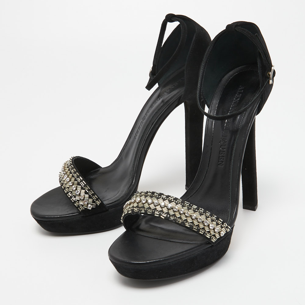 

Alexander McQueen Black Suede Crystal Embellished Platform Ankle Strap Sandals Size
