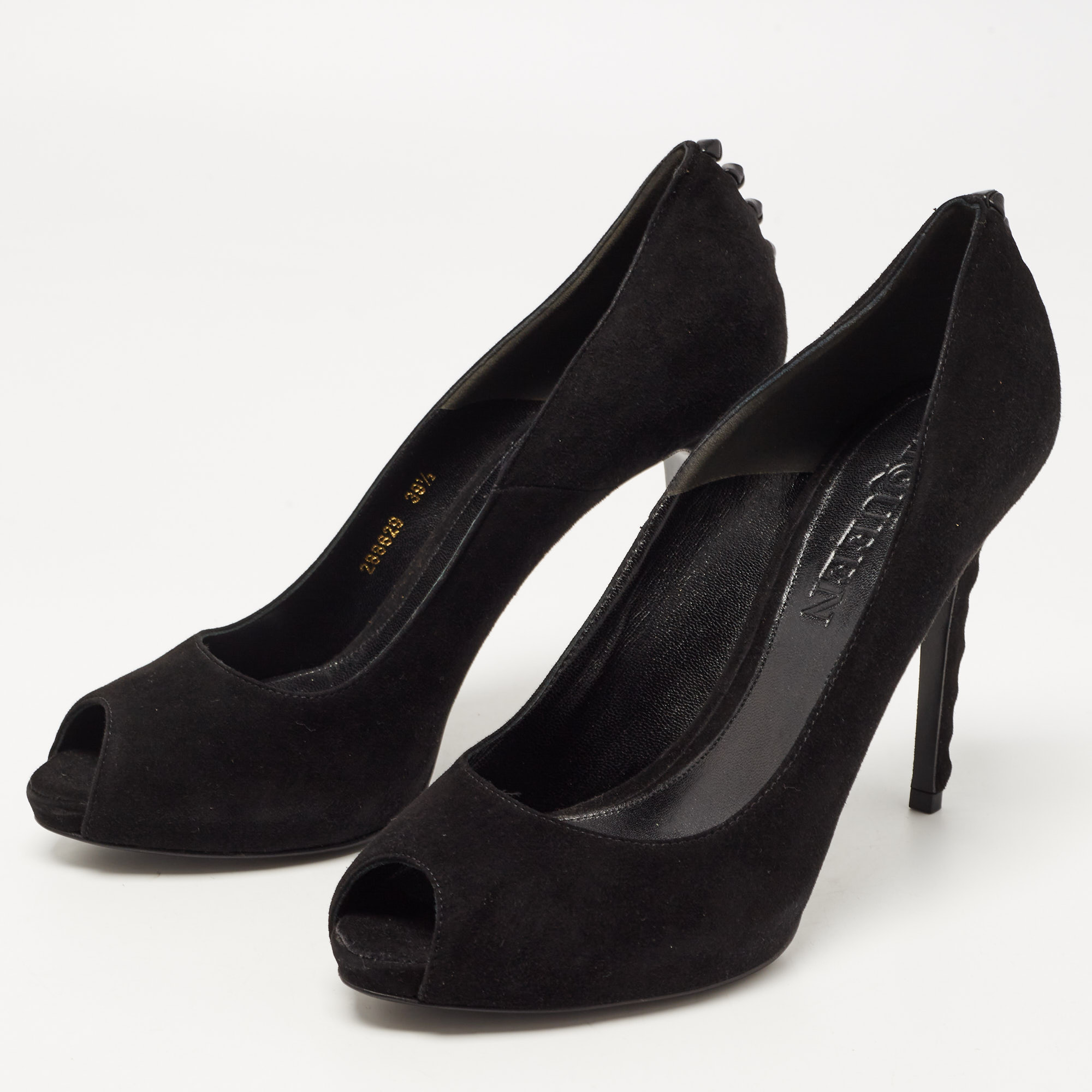 

Alexander McQueen Black Suede Knotted Peep Toe Pumps Size