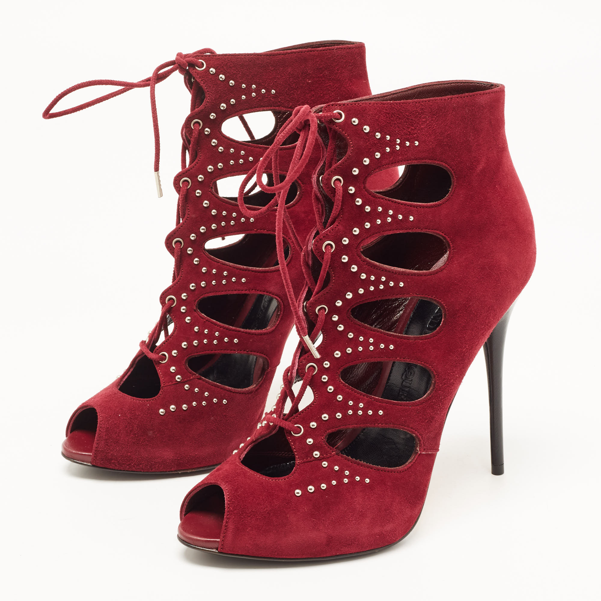 

Alexander McQueen Burgundy Suede Cut Out Embellished Lace Up Ankle Booties Size