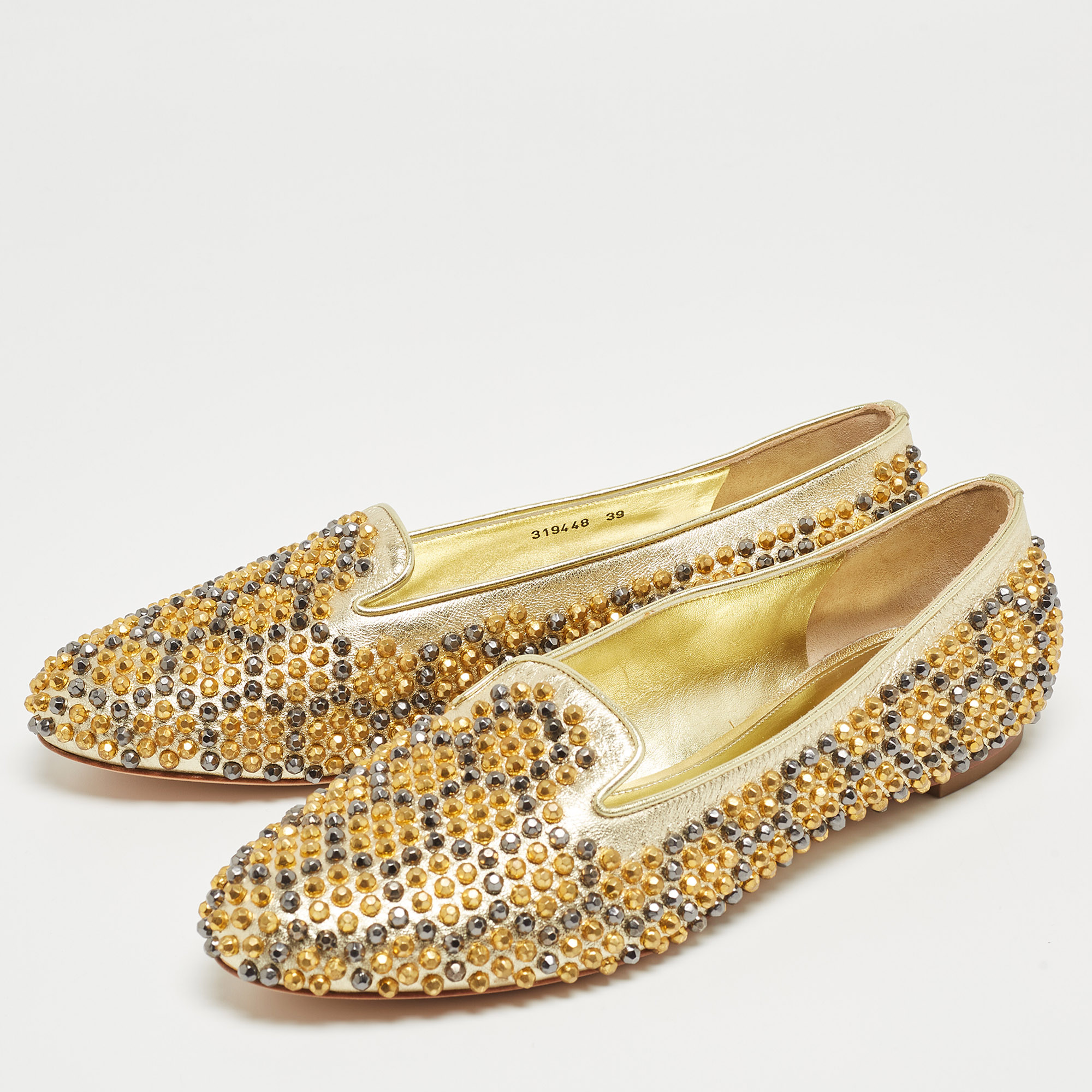 

Alexander McQueen Metallic Gold Studded Leather Smoking Slippers Size