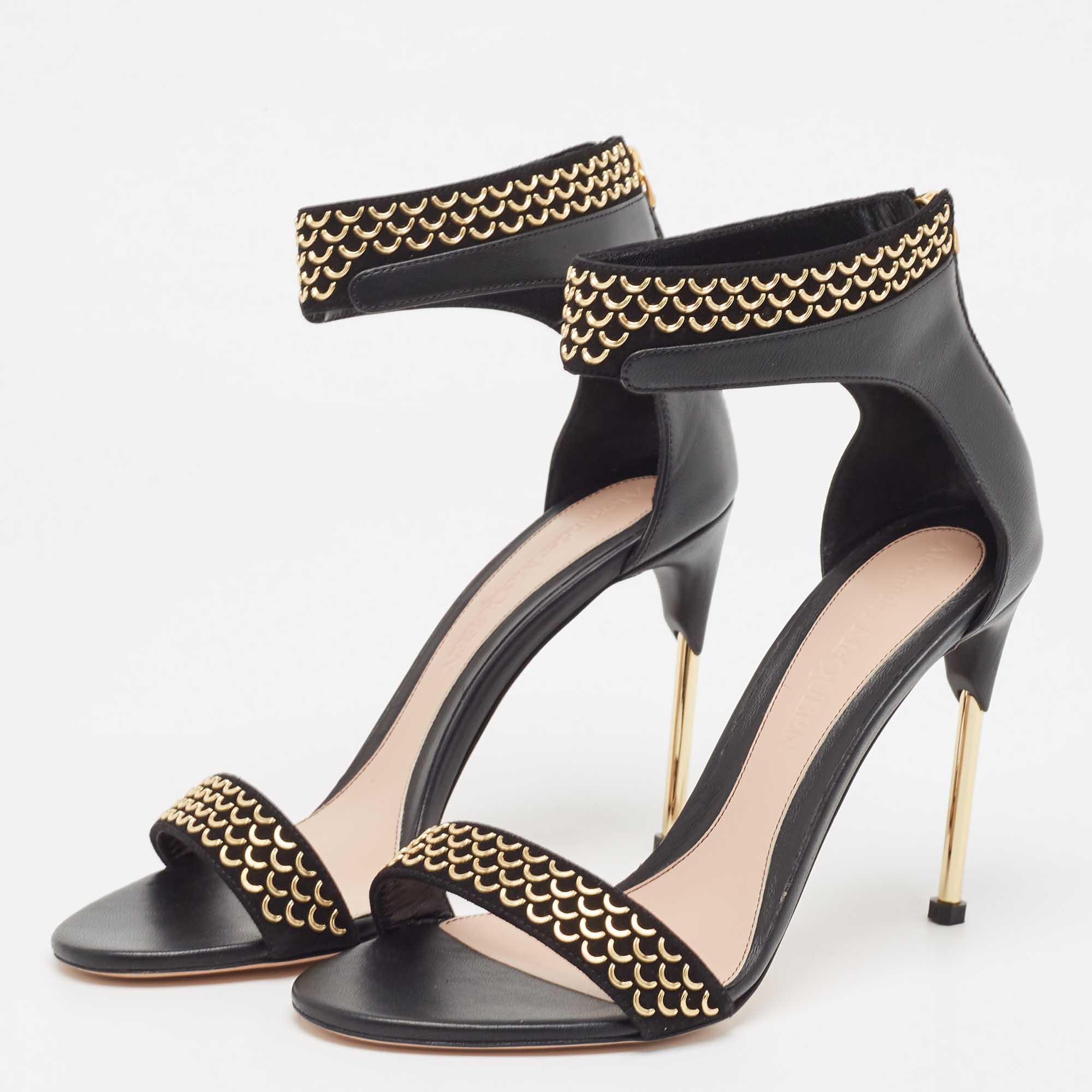 

Alexander McQueen Black Leather and Suede Embellished Ankle Cuff Sandals Size