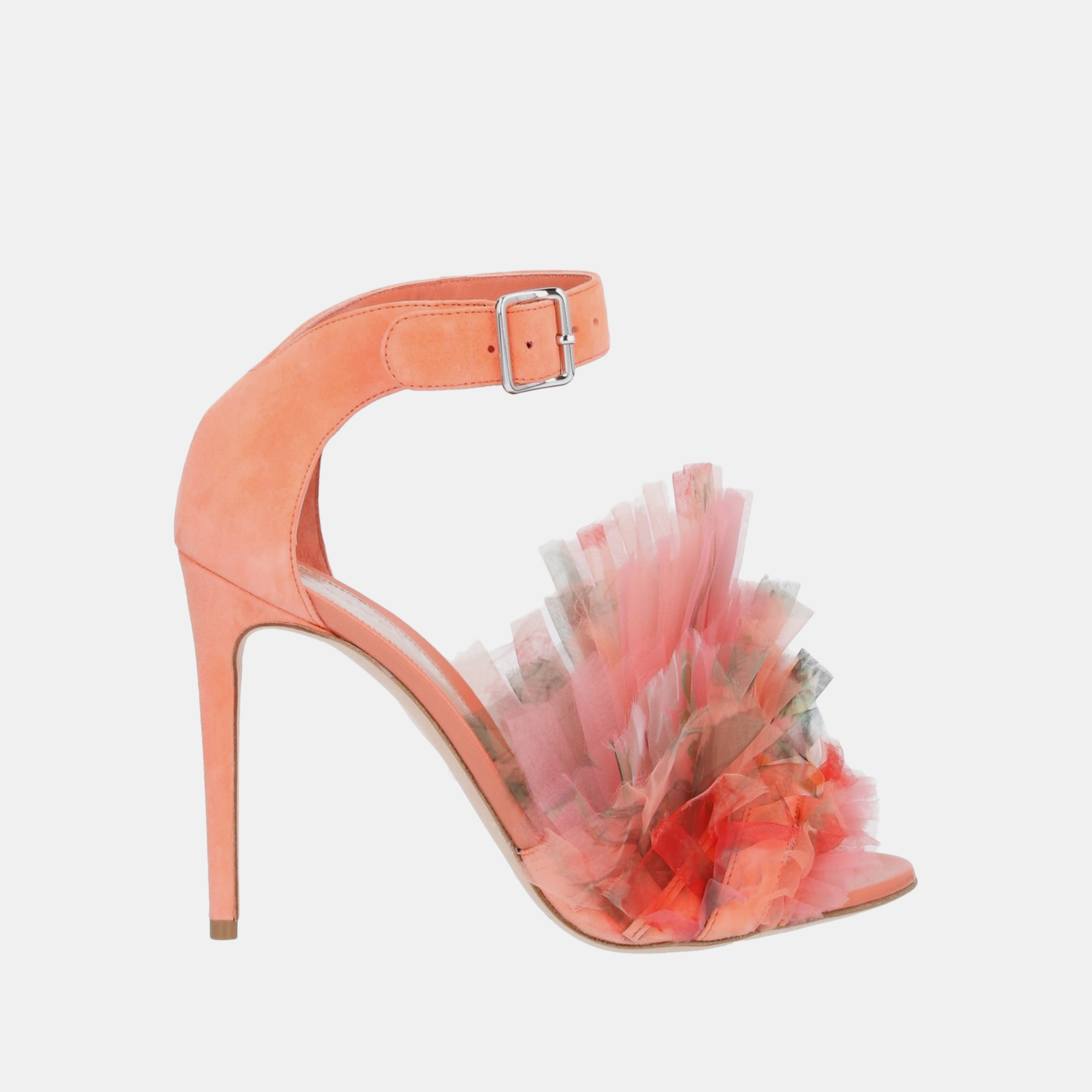 Pre-owned Alexander Mcqueen Floral Organza And Suede Sandals 38 In Orange