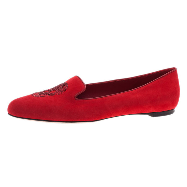مملوكة مسبقًا Alexander McQueen Red Suede Skull Smoking Slippers Size 40