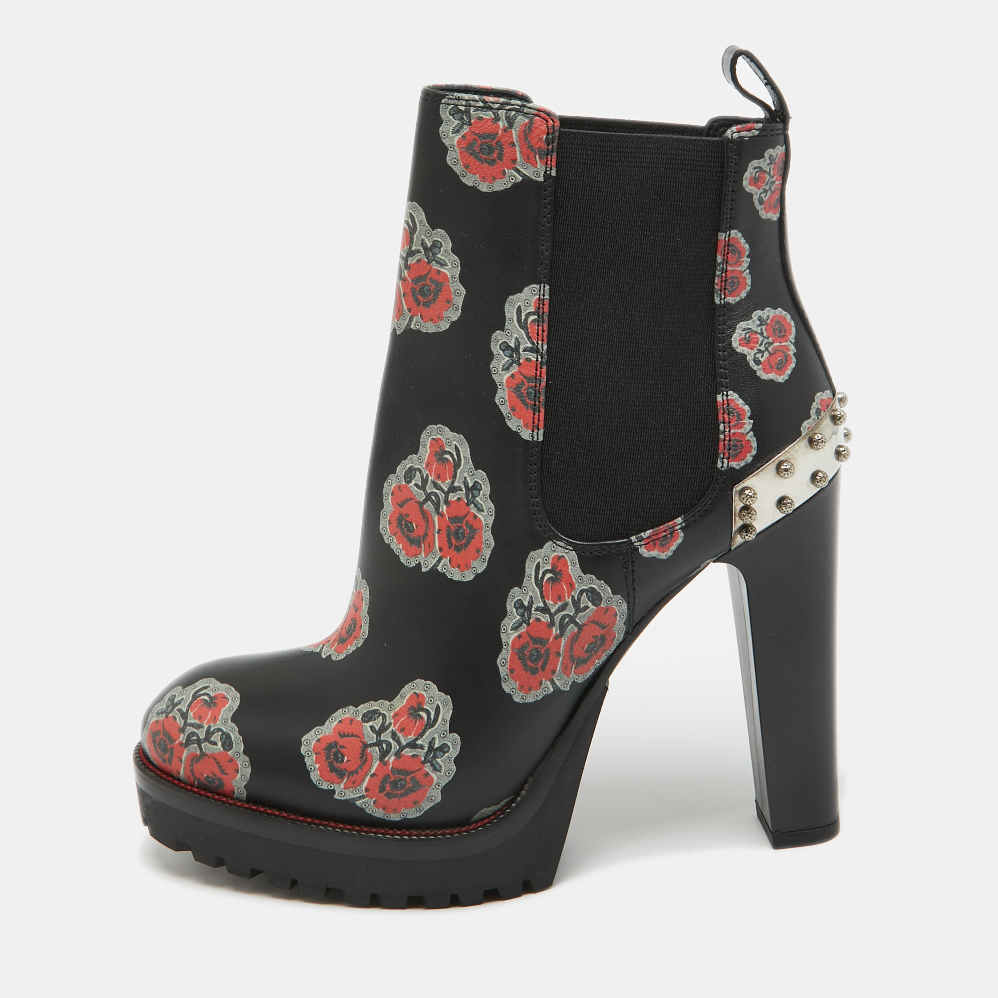 Pre-owned Alexander Mcqueen Black/red Floral Print Leather Studded Ankle Boots Size 36