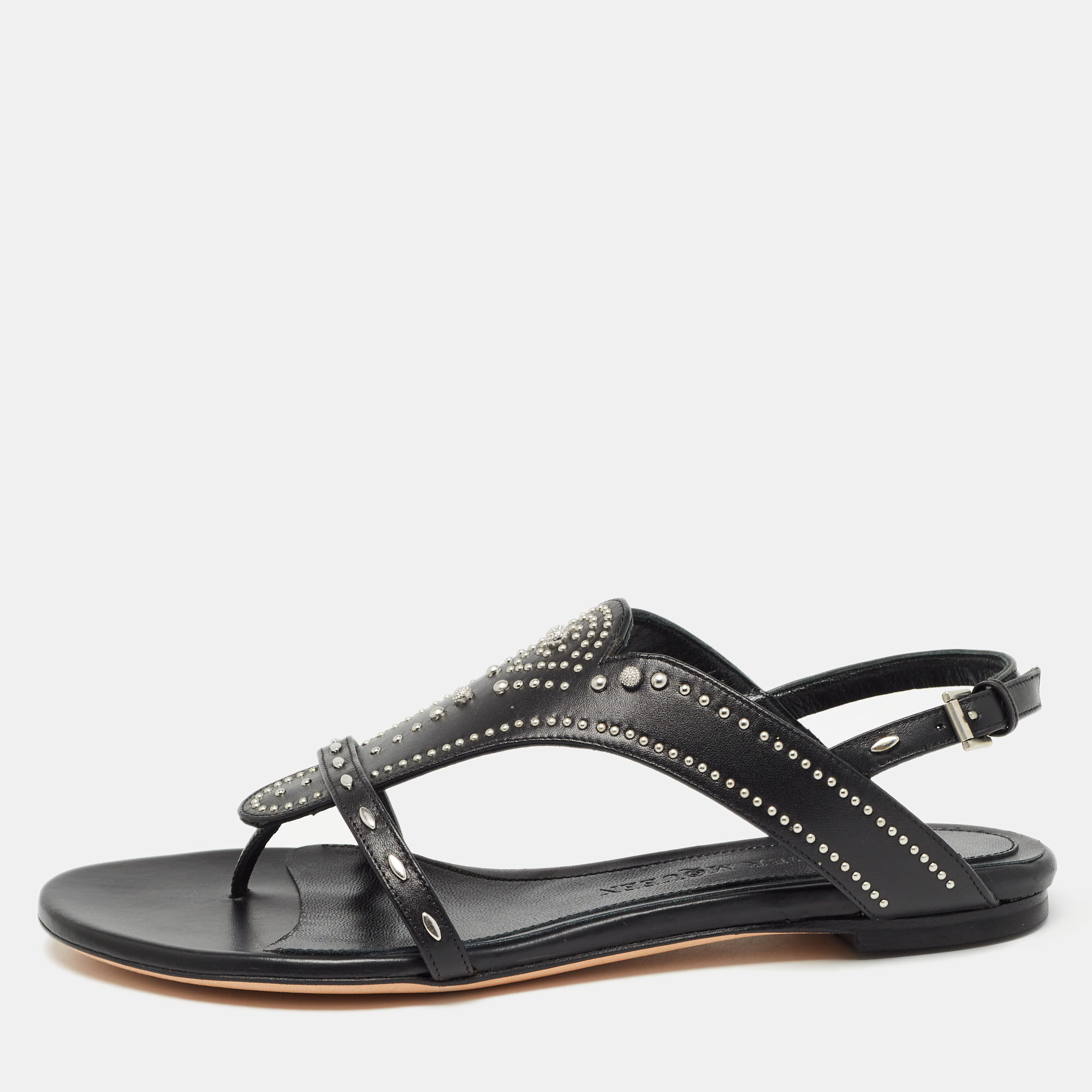 

Alexander McQueen Black Leather Studded Flat Sandals Size