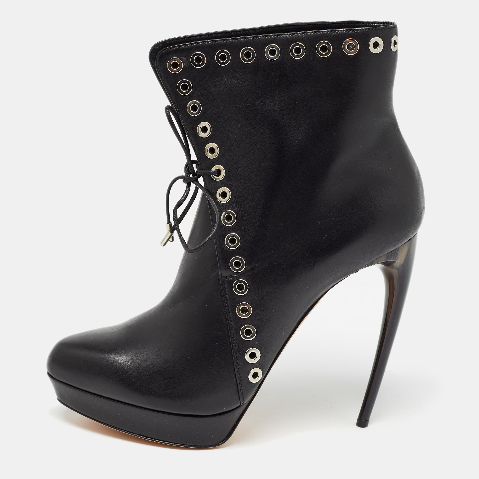 

Alexander McQueen Black Leather Eyelet Detail Curve Heel Platform Ankle Boots Size
