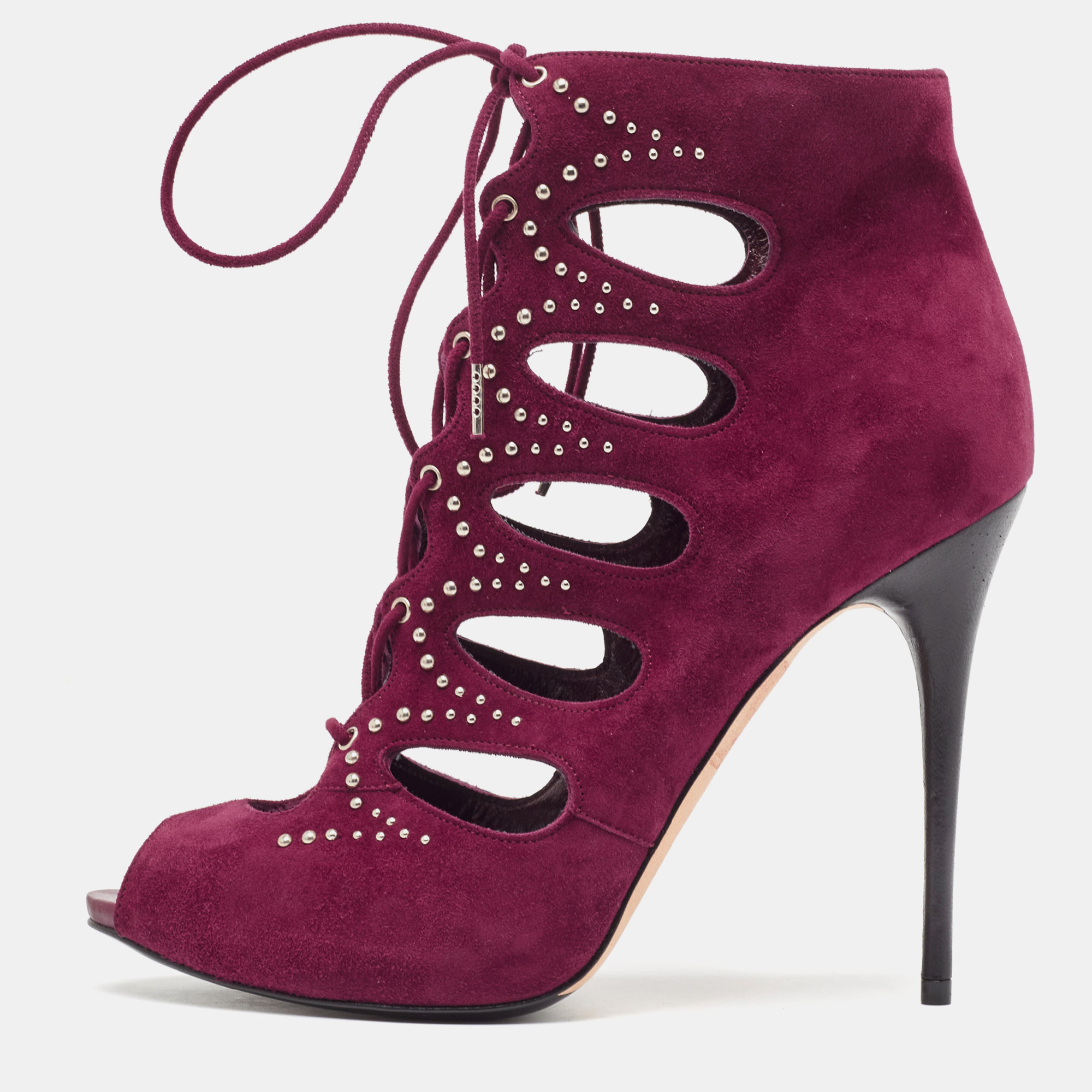 Pre-owned Alexander Mcqueen Burgundy Cut Out Suede Studded Ankle Booties Size 37.5