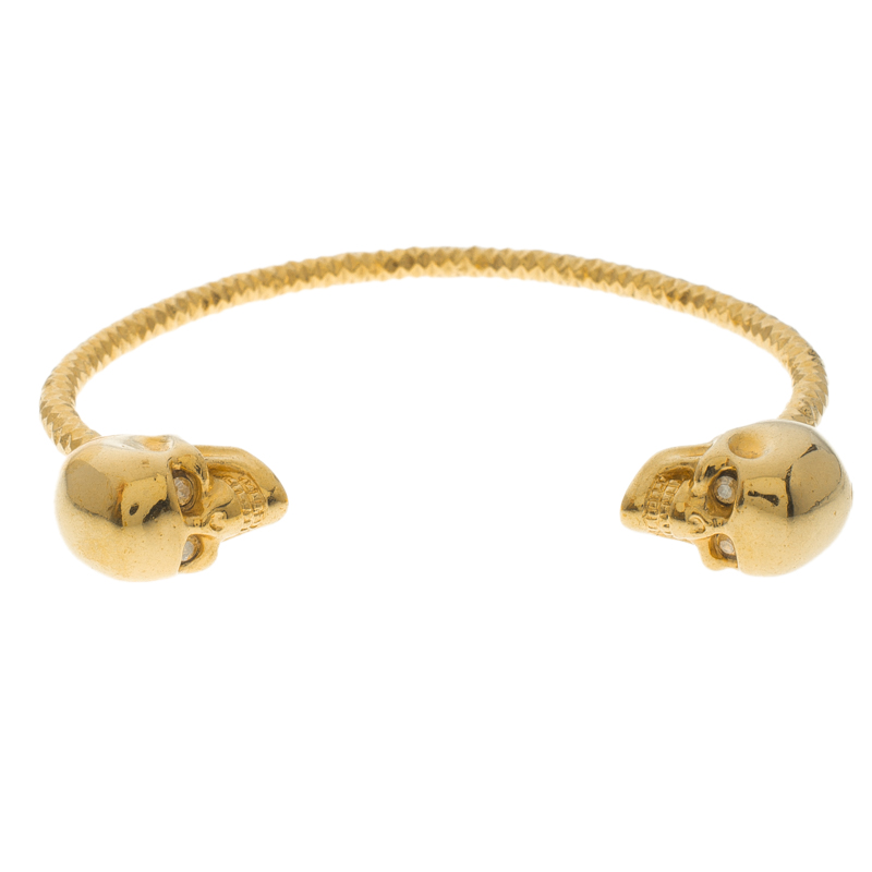 Alexander McQueen Twin Skull Gold Tone Open Cuff Bracelet 19cm