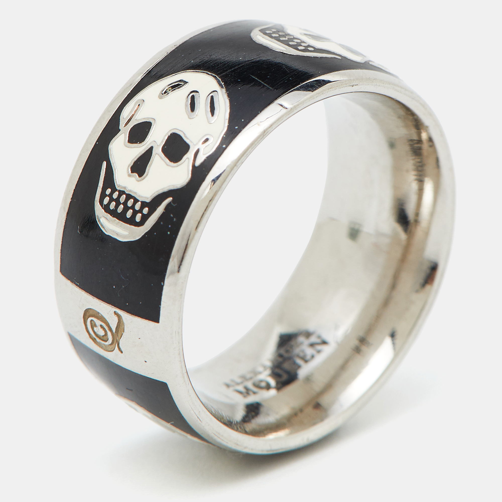 

Alexander McQueen Silver Tone Black Enamel Skull Ring Size