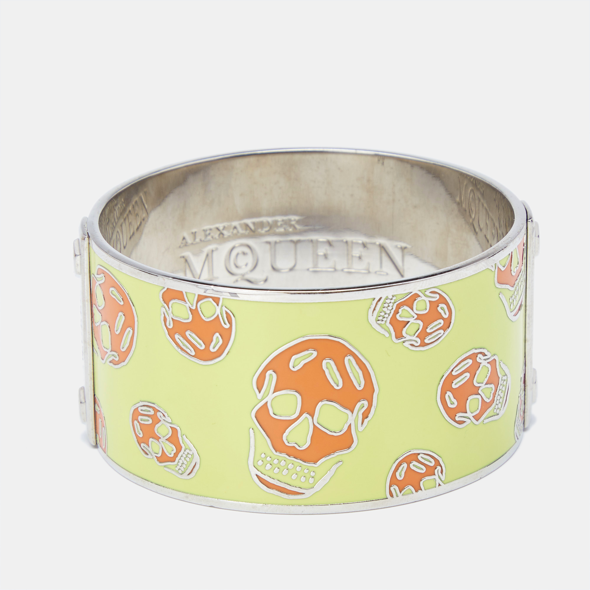 

Alexander McQueen Skull Printed Yellow and Orange Enamel Silver Tone Large Bangle Bracelet