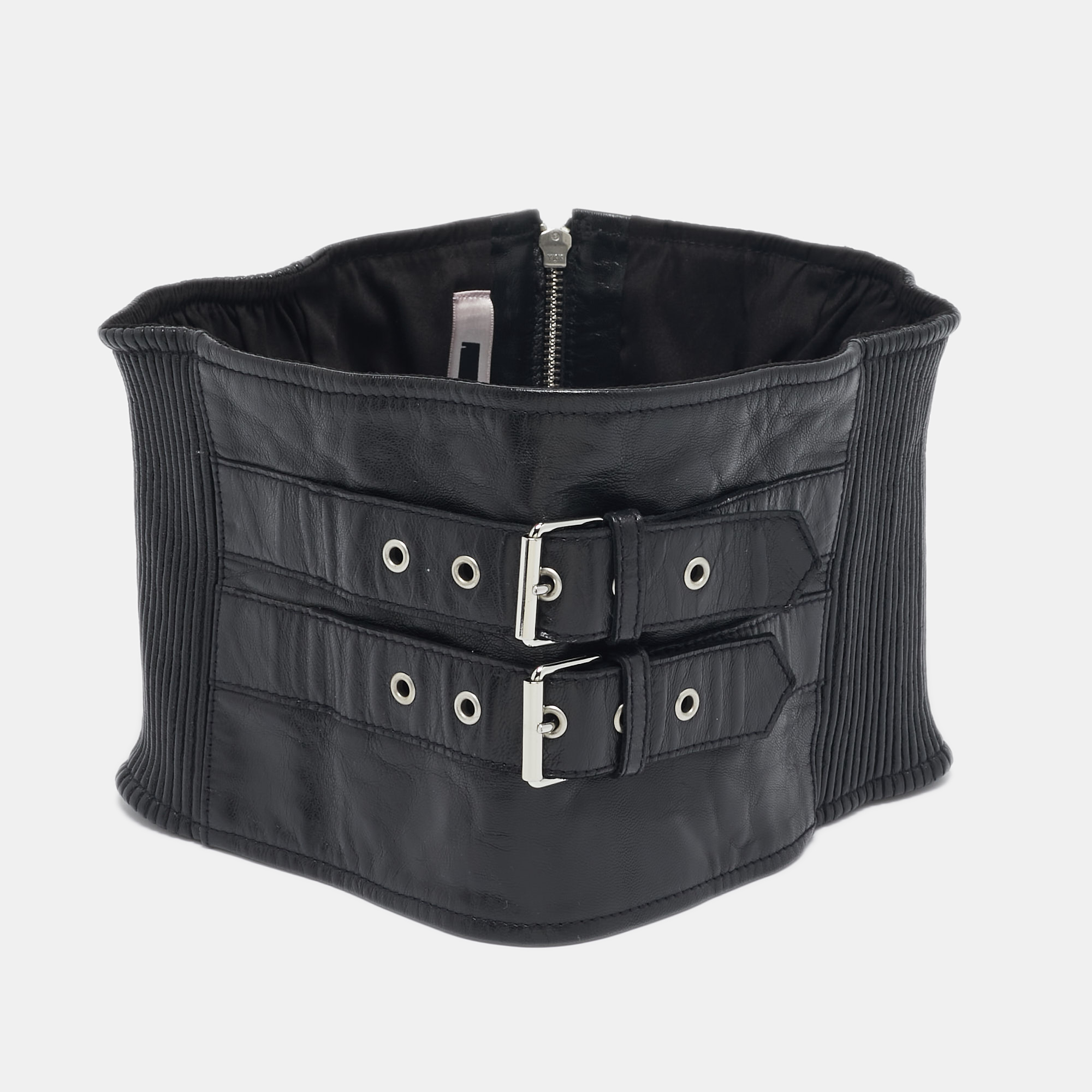 

Alexander McQueen Black Pleated Leather Waist Belt 70 CM