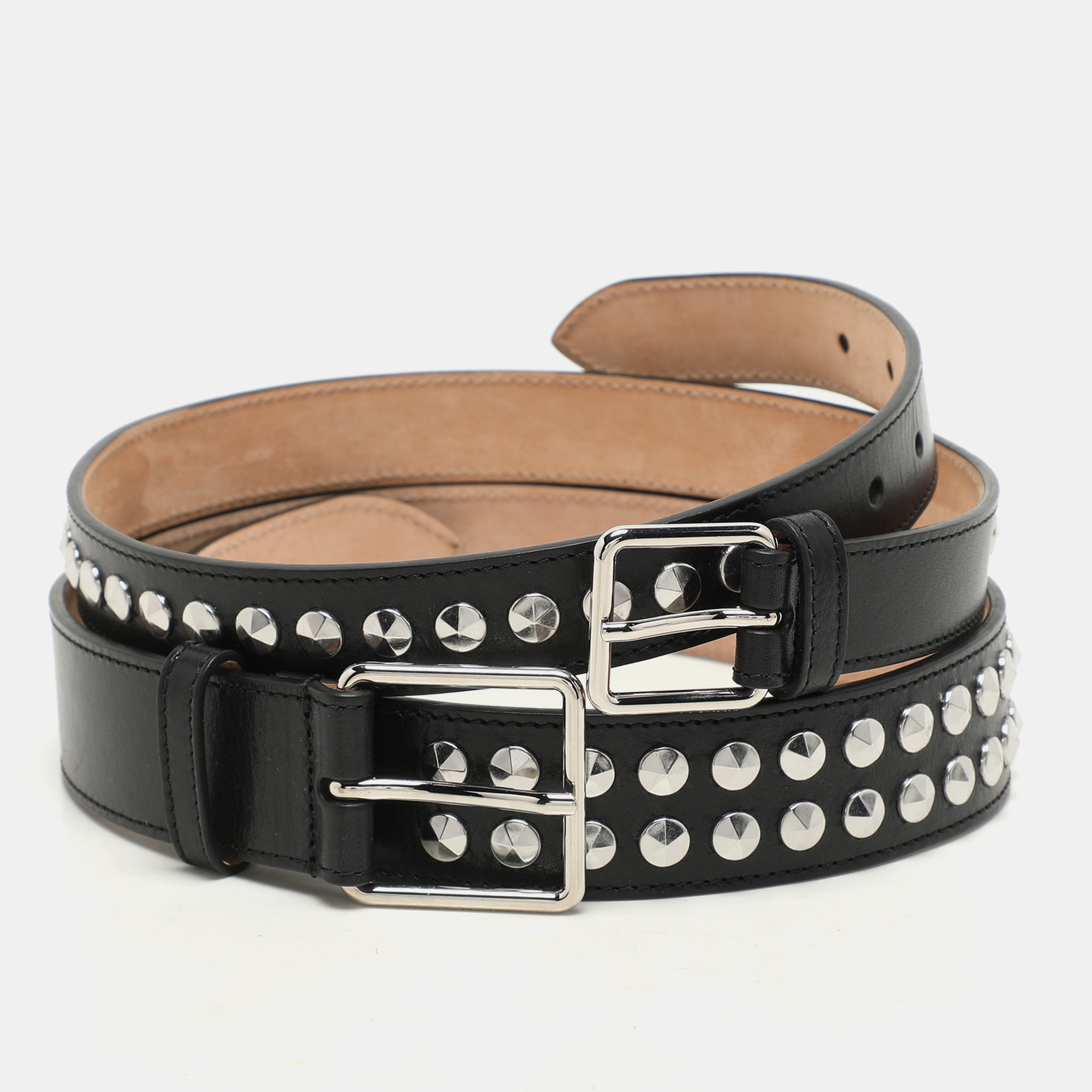 

Alexander McQueen Black Leather Studded Double Waist Belt 65CM
