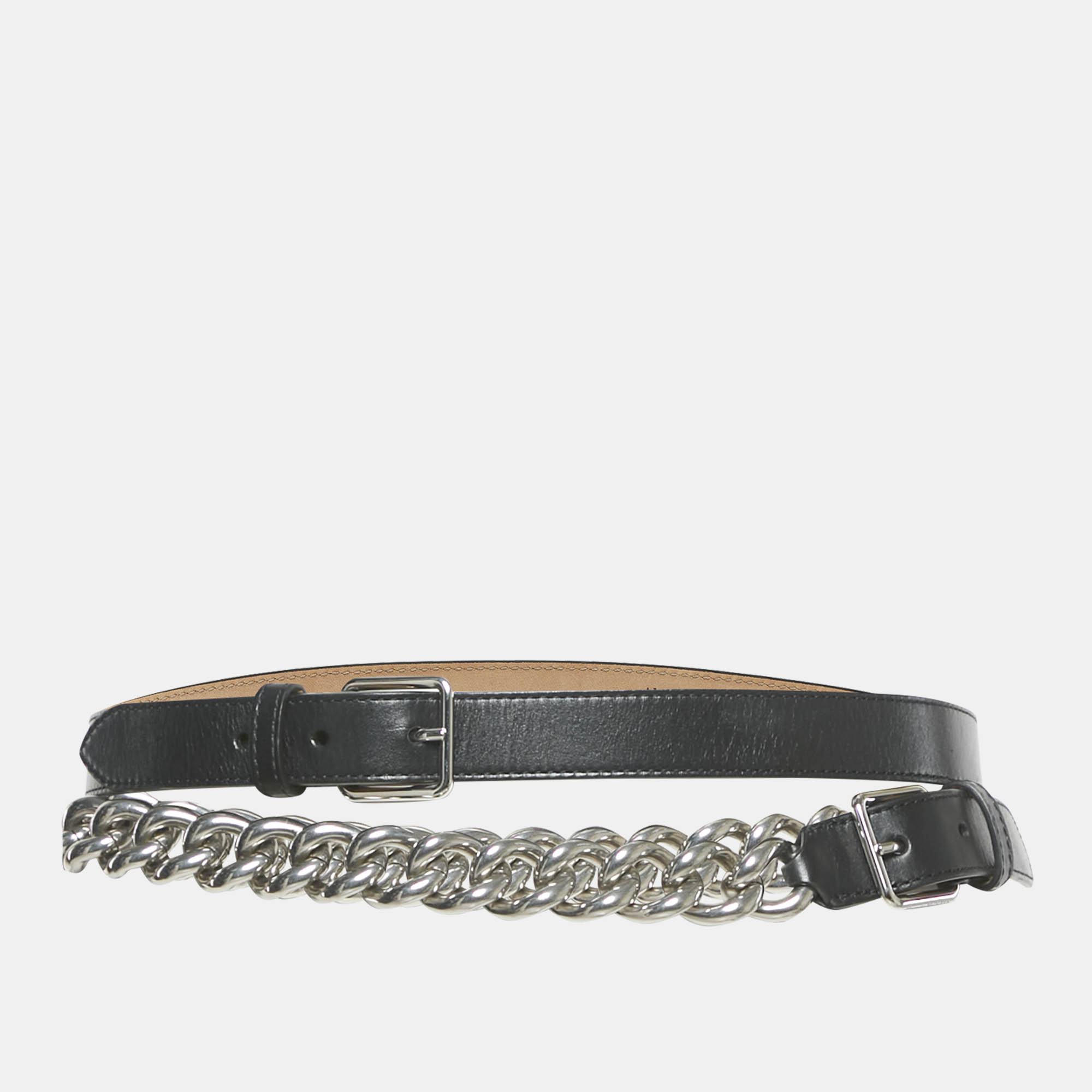 

Alexander McQueen Black Leather Chain Double Waist Belt 75CM