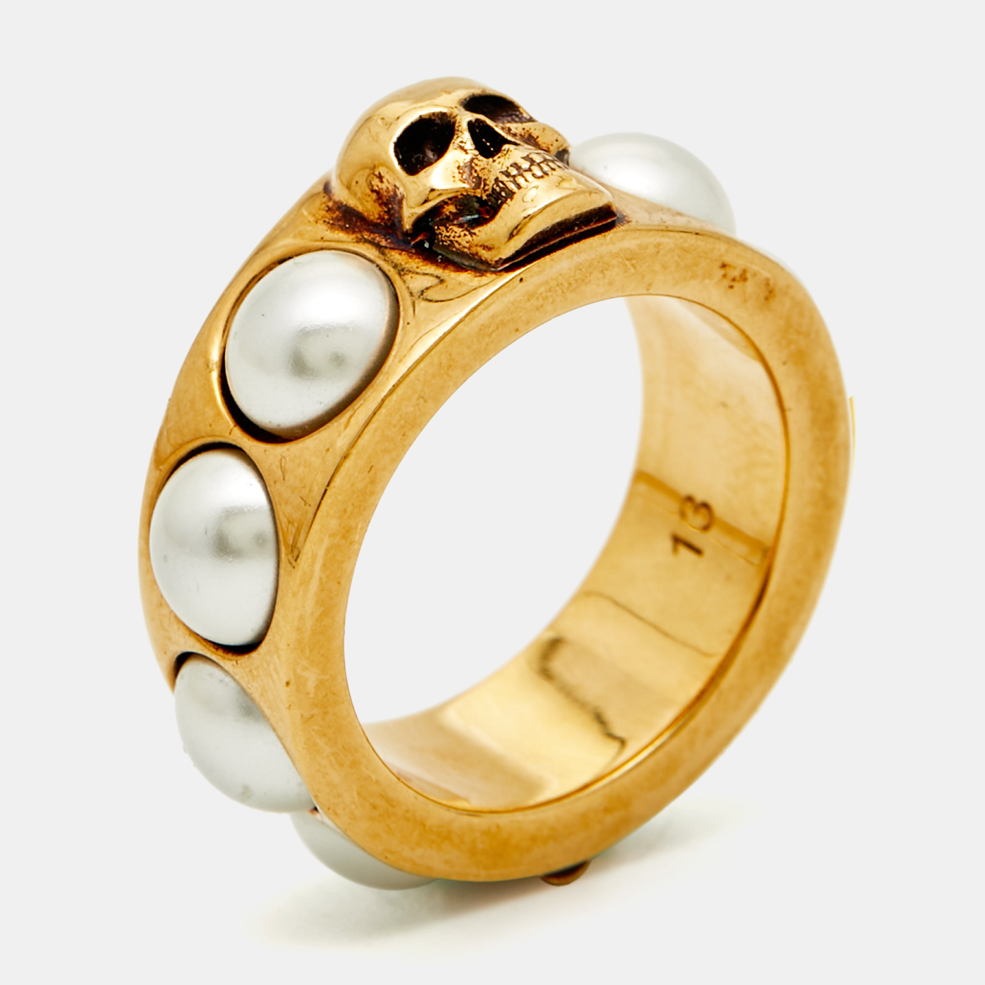 

Alexander McQueen Faux Pearl Gold Tone Skull Ring Size