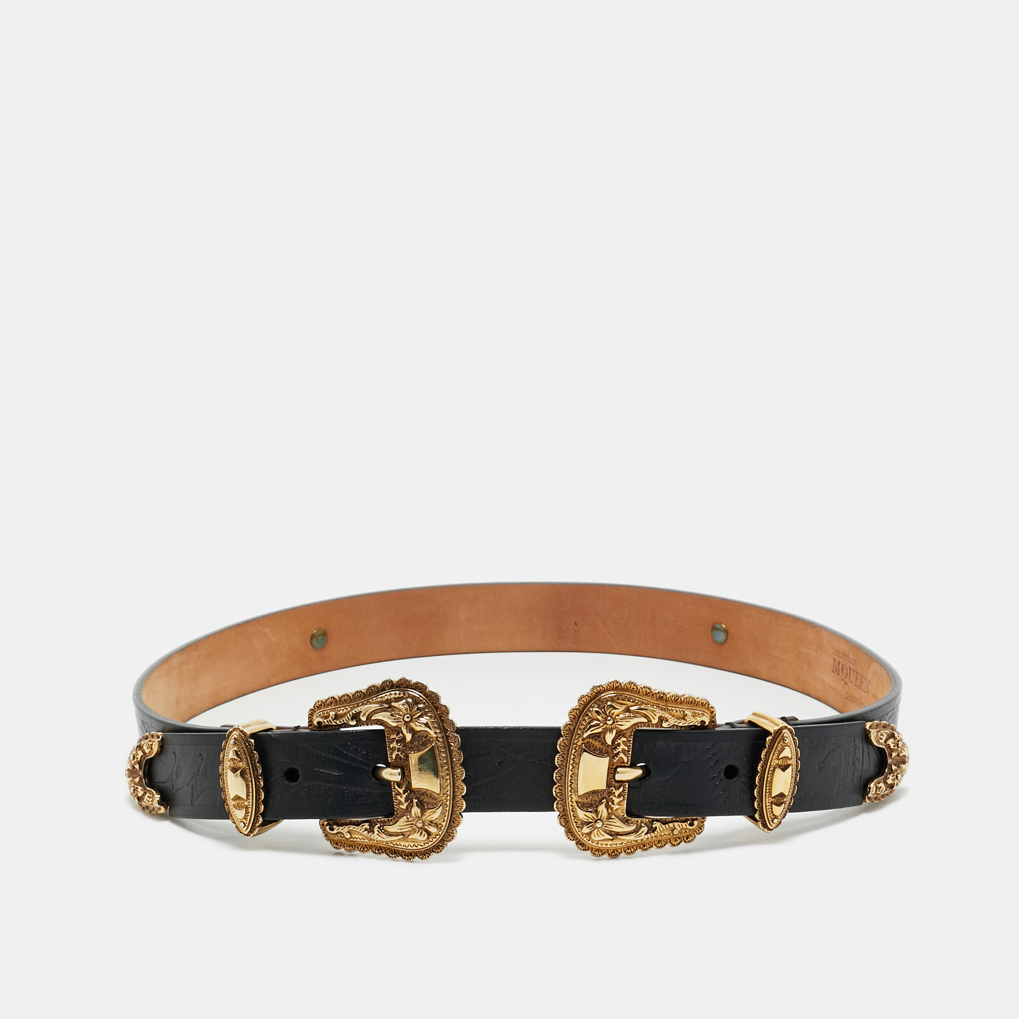 

Alexander McQueen Black Embossed Leather Double Buckle Belt 75CM