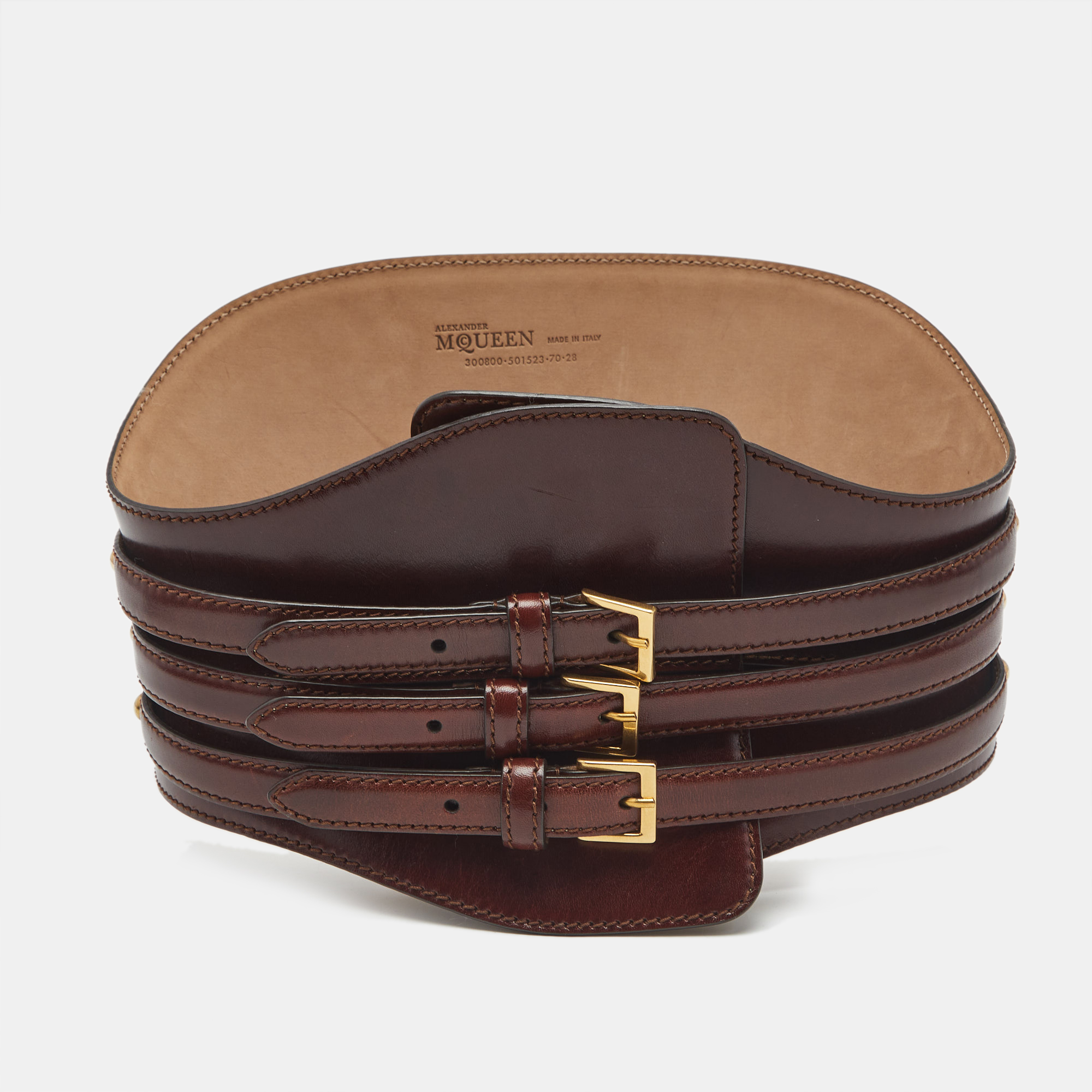 

Alexander McQueen Dark Brown Leather Triple Buckle Wide Waist Belt 70CM