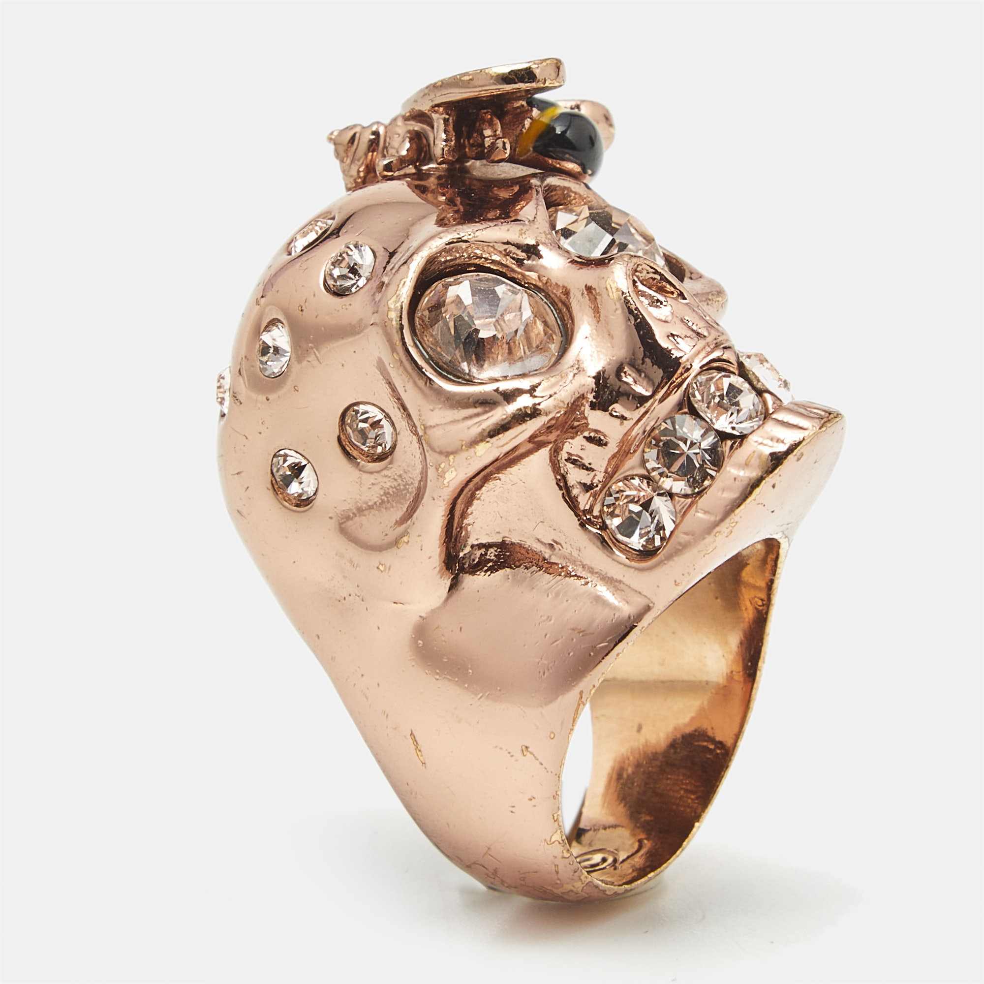 

Alexander McQueen Skull Bee Enamel Crystals Rose Gold Tone Ring Size