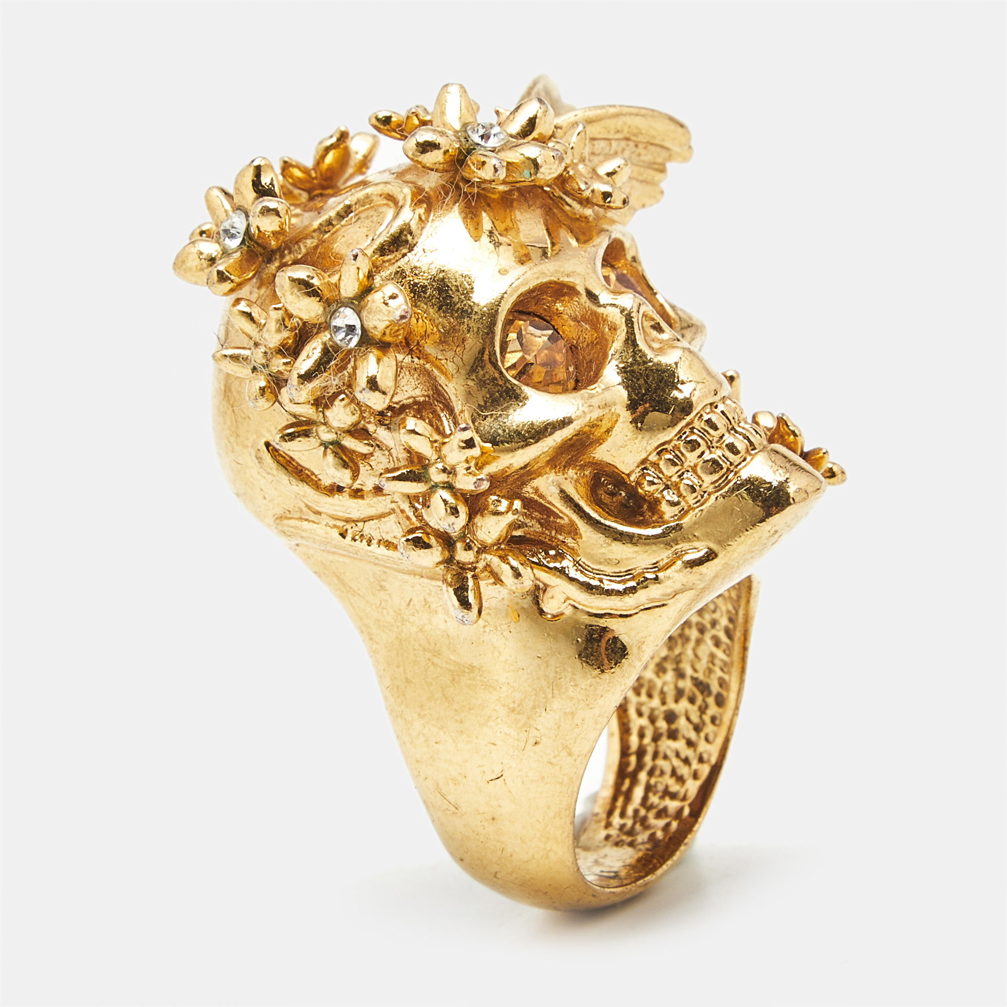 Pre-owned Alexander Mcqueen Crystal Bee Skull Gold Tone Ring Size 54