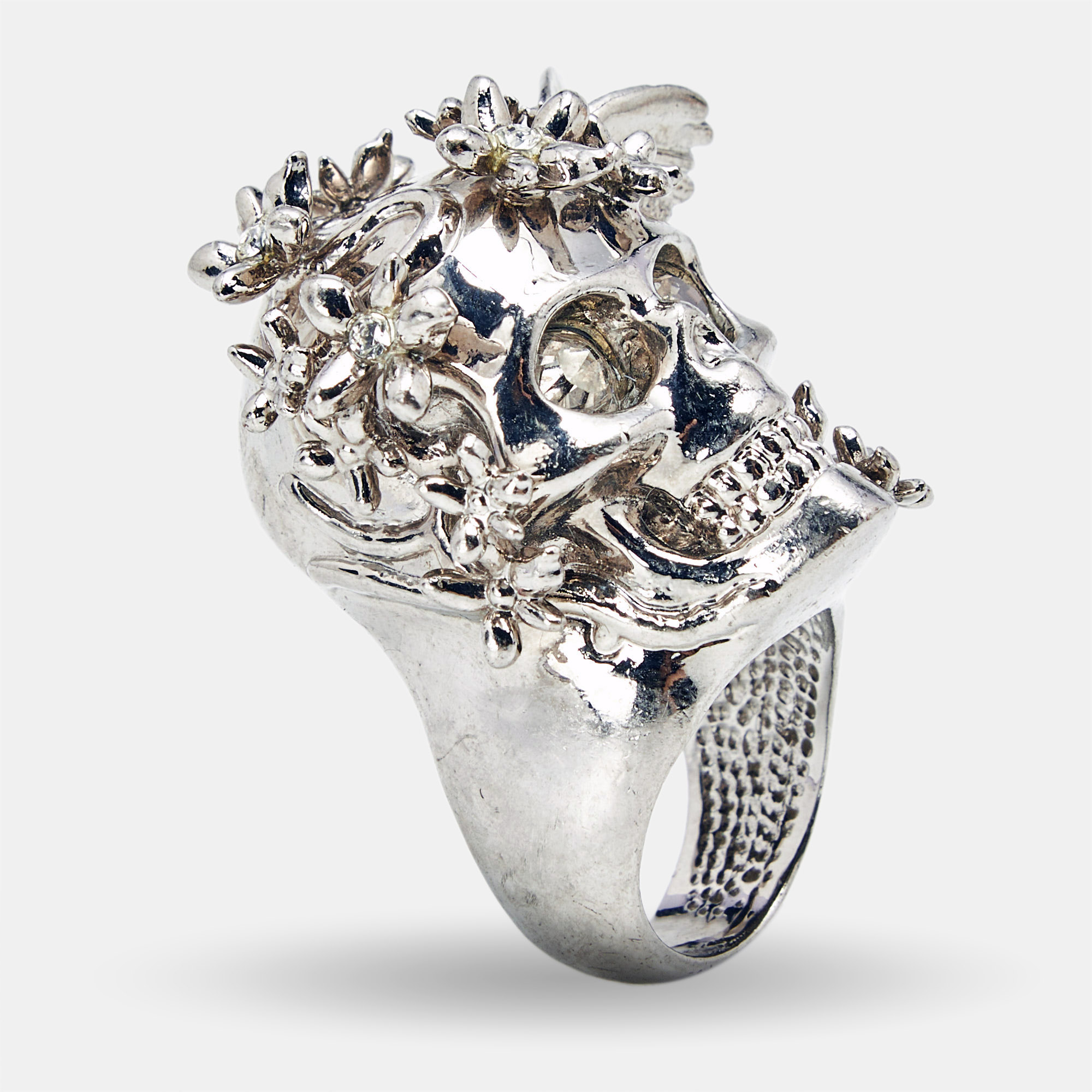 Pre-owned Alexander Mcqueen Skull Crystals Silver Tone Ring Size 53