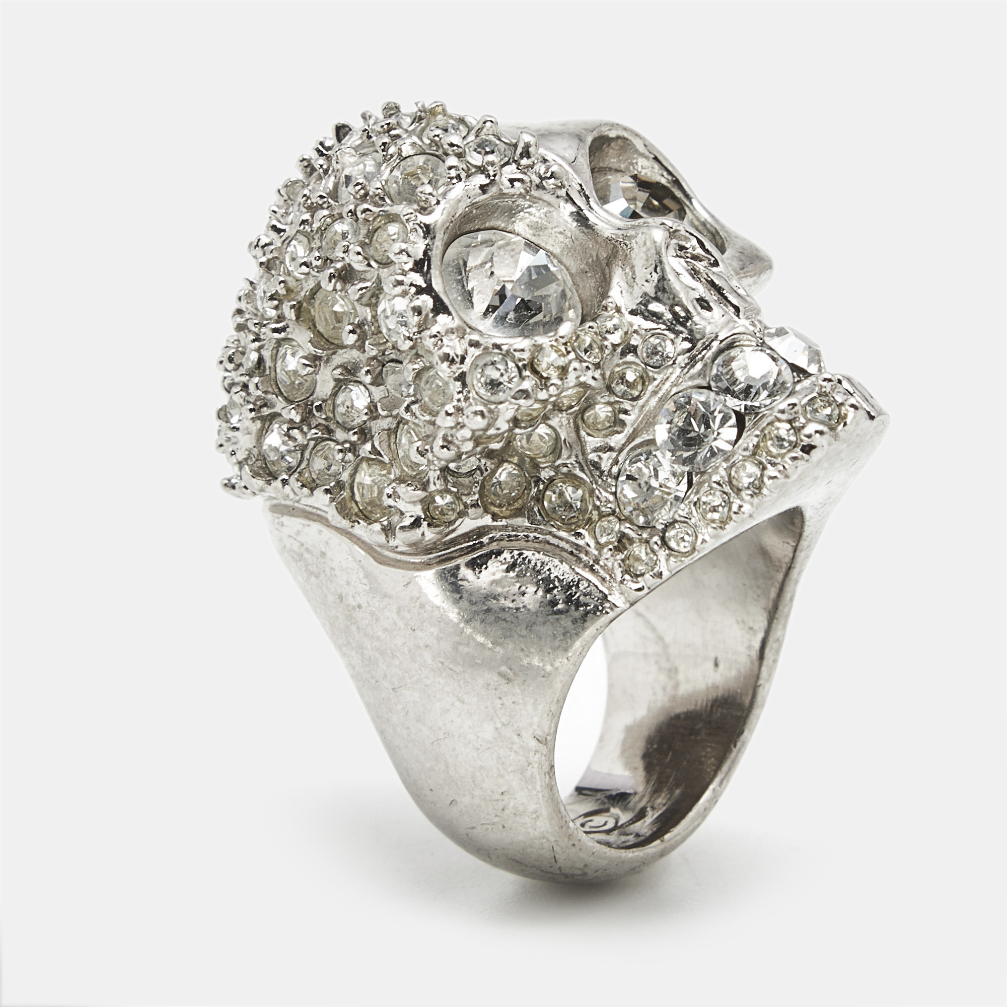 Pre-owned Alexander Mcqueen Skull Crystals Silver Tone Ring Size 53