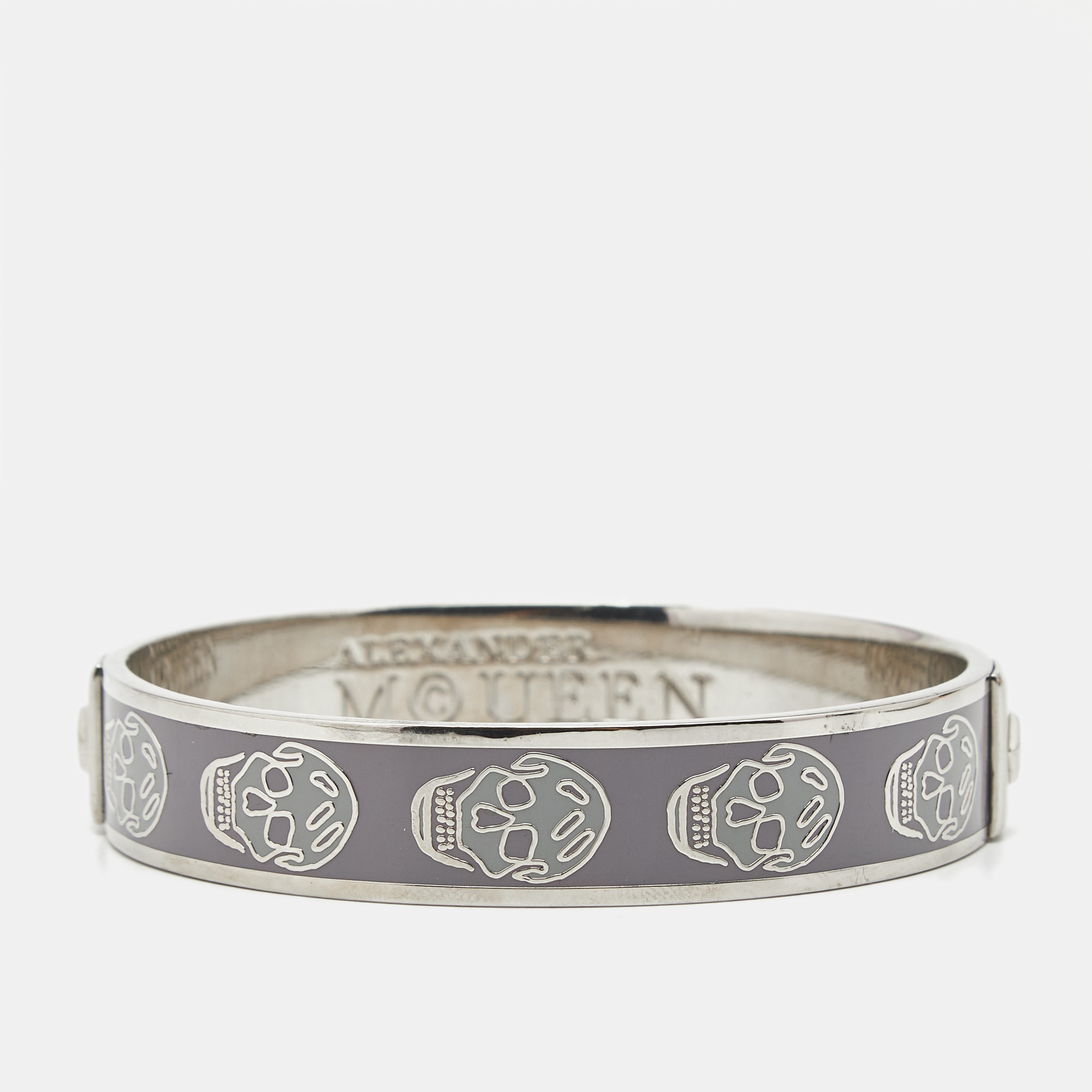 Pre-owned Alexander Mcqueen Enamel Skull Silver Tone Bangle Bracelet