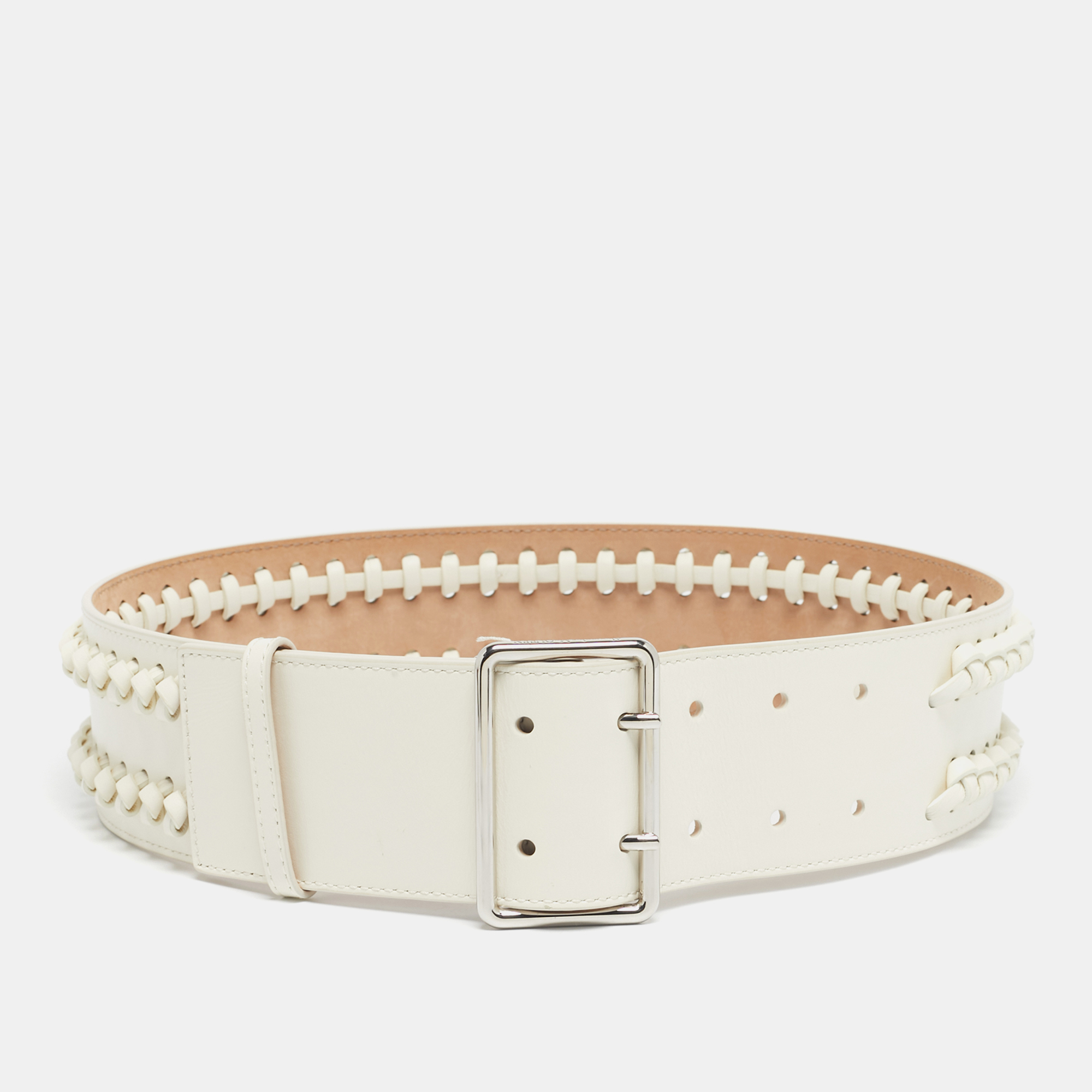 

Alexander McQueen White Leather Braided Wide Belt 70CM