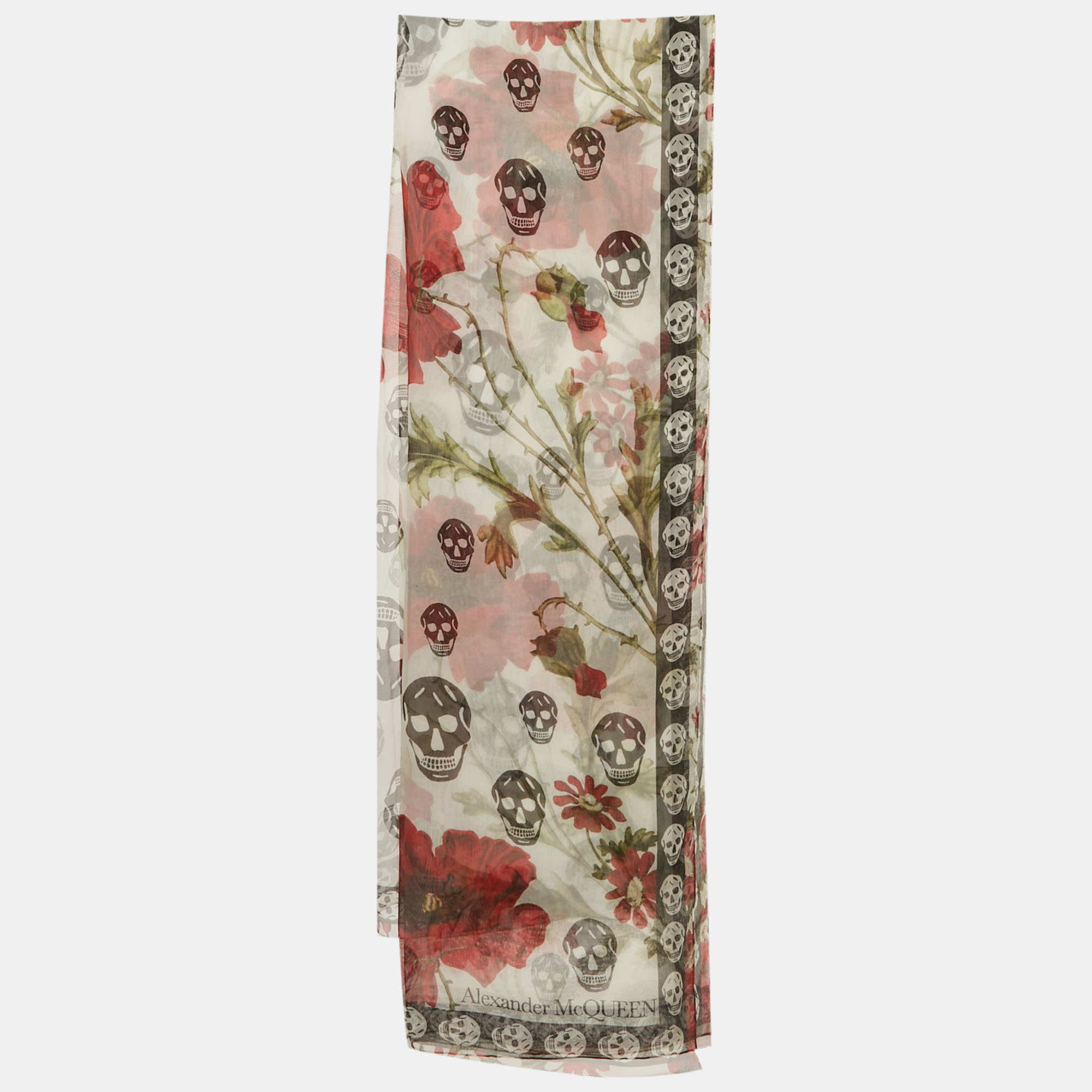 

Alexander McQueen White Rose and Skull Print Silk Scarf
