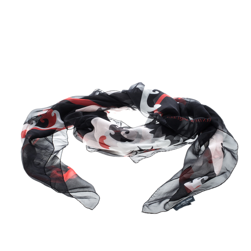 Pre Owned Alexander McQueen Black Kansai Kimono Print Silk Chiffon Scarf