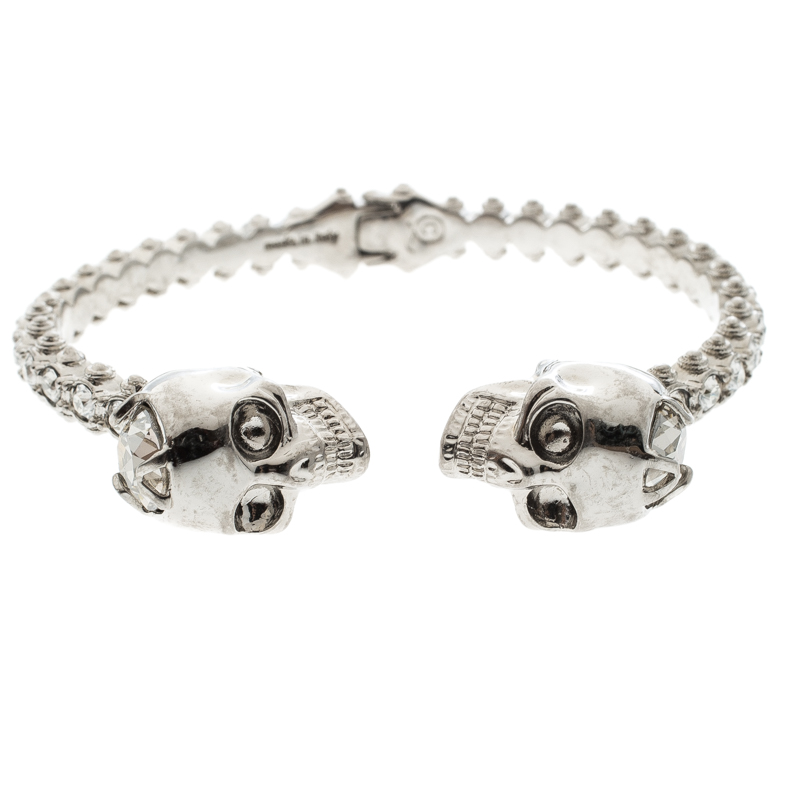 Alexander McQueen Twin Crystal Embedded Skull Silver Tone Open Cuff Bracelet