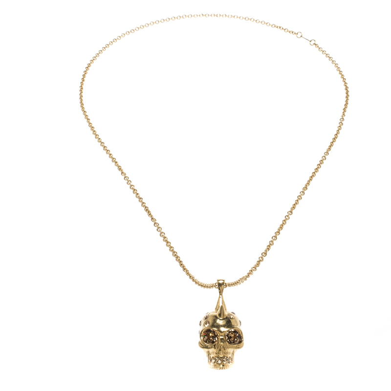 

Alexander McQueen Crystal Embedded Gold Tone Skull Pendant Necklace