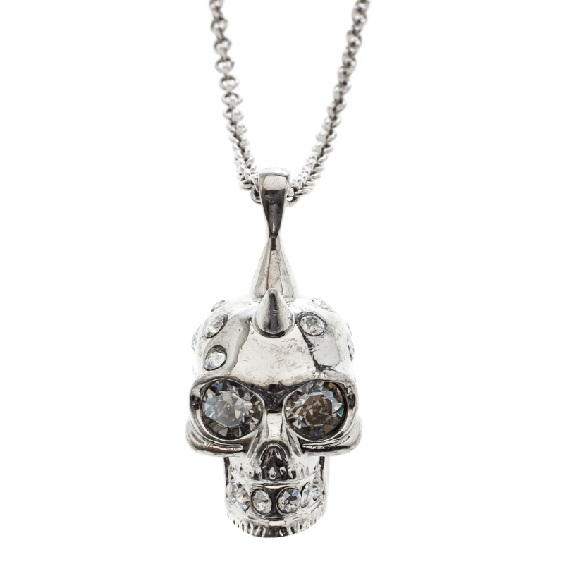 Alexander McQueen Crystal Embedded Silver Tone Skull Pendant Necklace