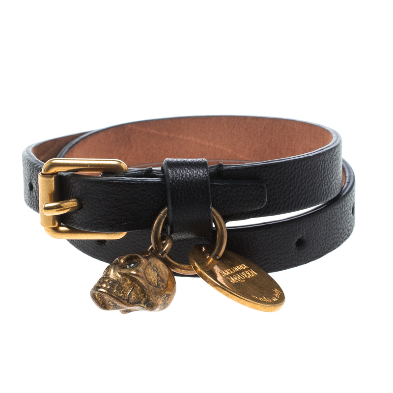 Pre Owned Alexander McQueen Black Leather Gold Tone Double Wrap Skull Charm Bracelet 