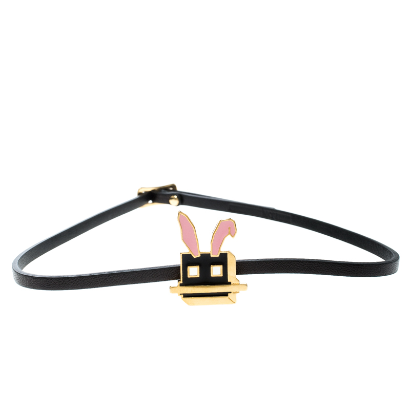 Pre Owned MCQ Alexander McQueen Mini Electro Bunny Enamel Black Leather Wrap Bracelet