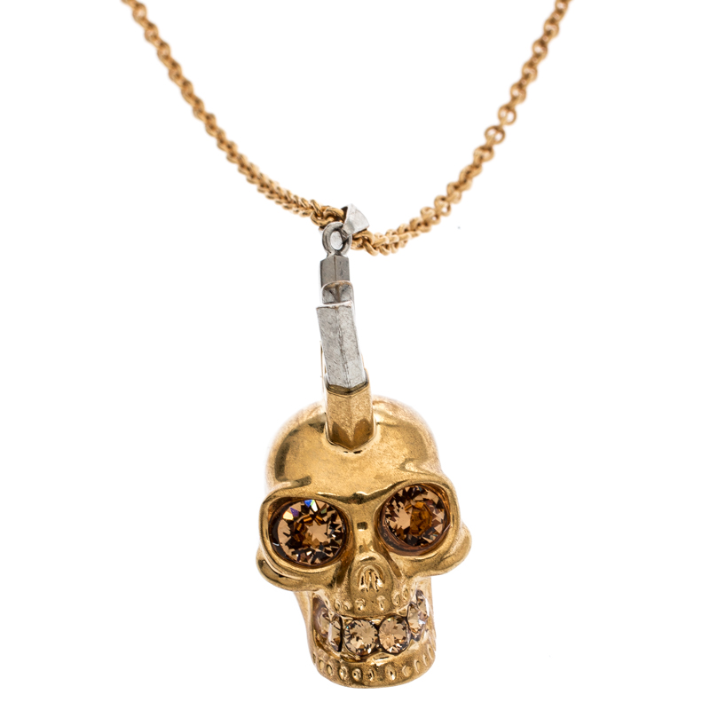 Pre Owned Alexander Mcqueen Mohawk Skull Crystal Studded Gold Tone Necklace