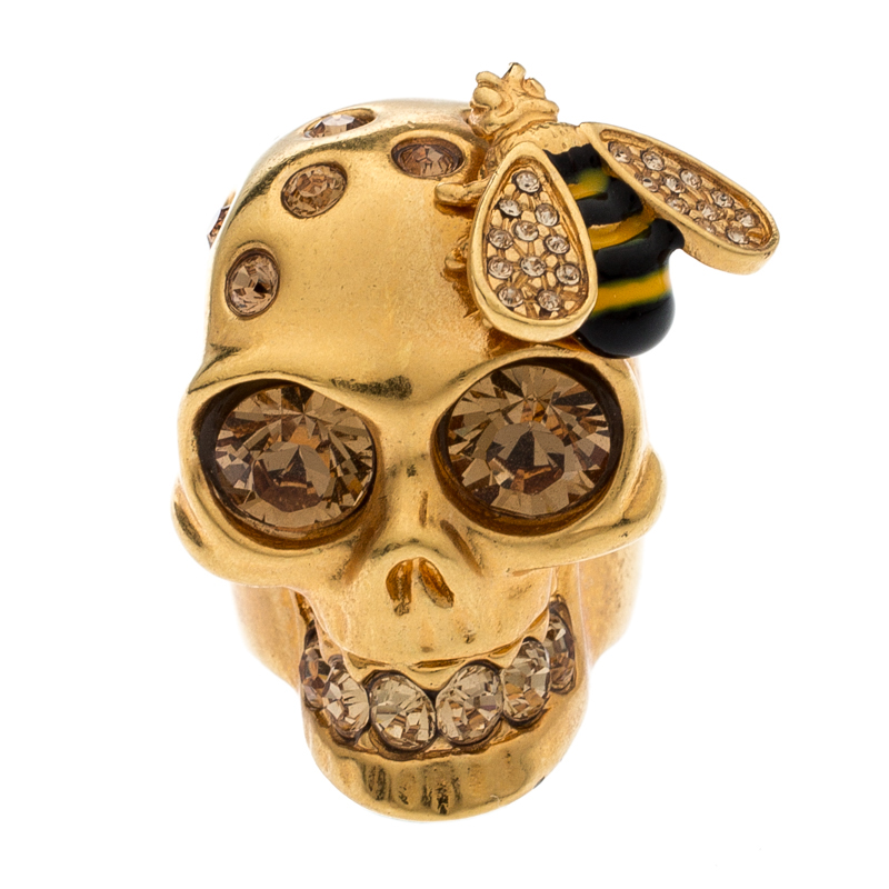 

Alexander McQueen Bee Crystal Studded Skull Gold Tone Ring Size